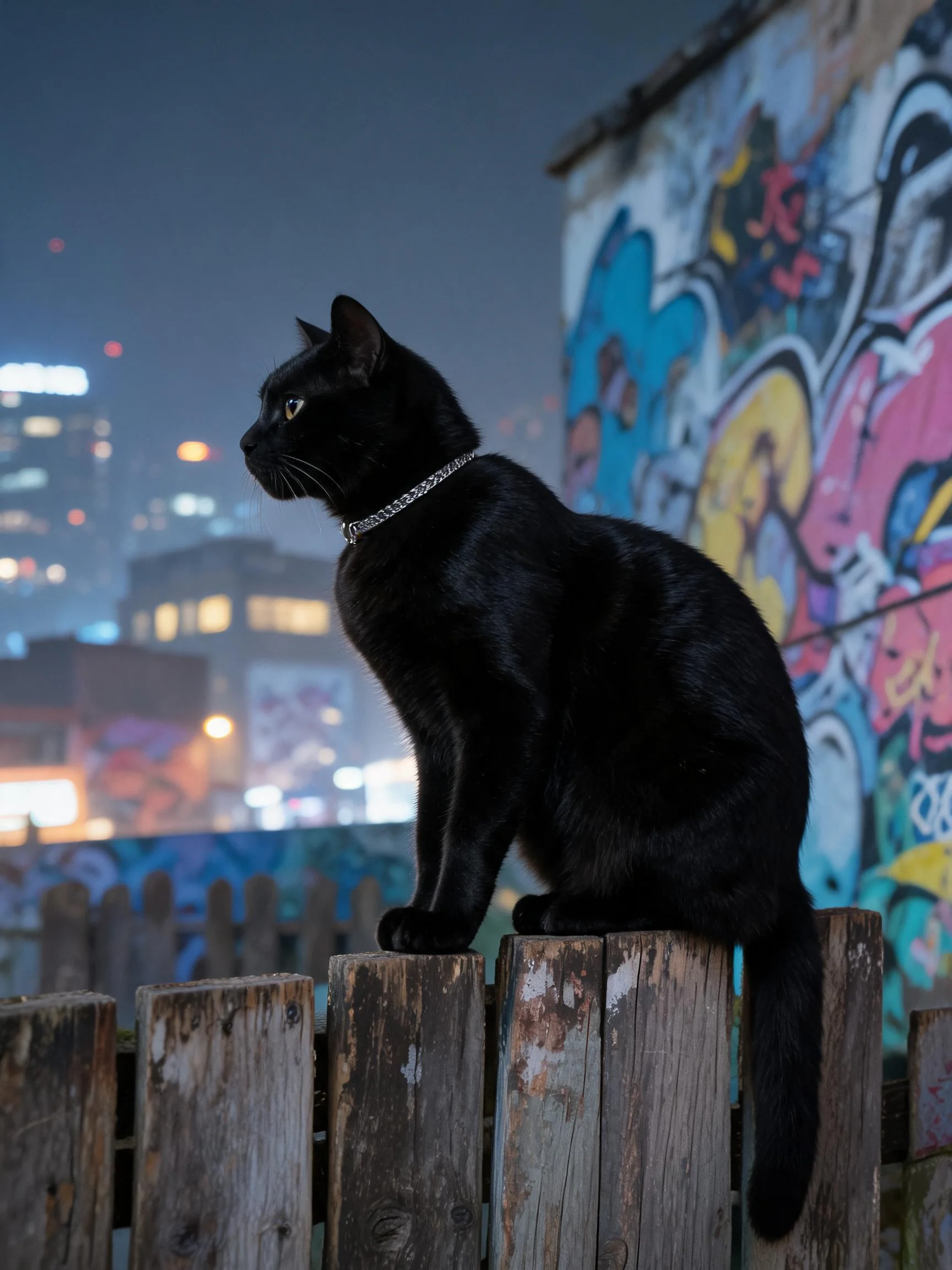 黑色短毛家猫皮毛顺滑,正坐在风化的木制围栏上凝视远方。