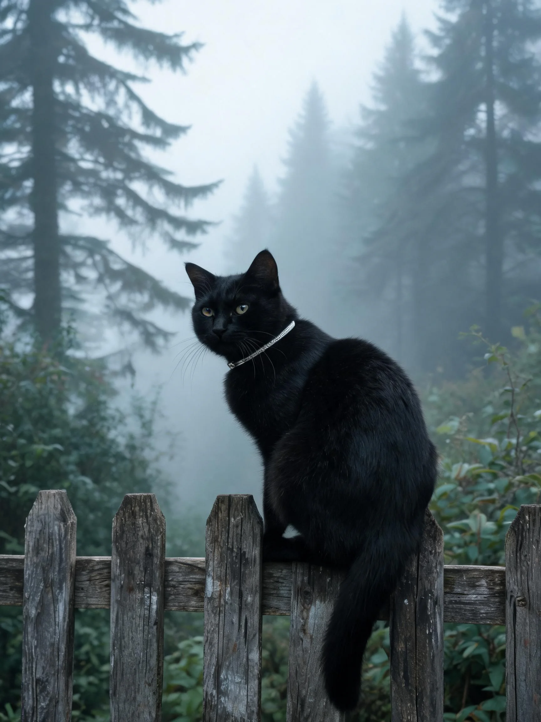 一只佩戴银色项圈的短毛家猫安静地坐在木质栅栏上,周围是朦胧的雾林环境。
