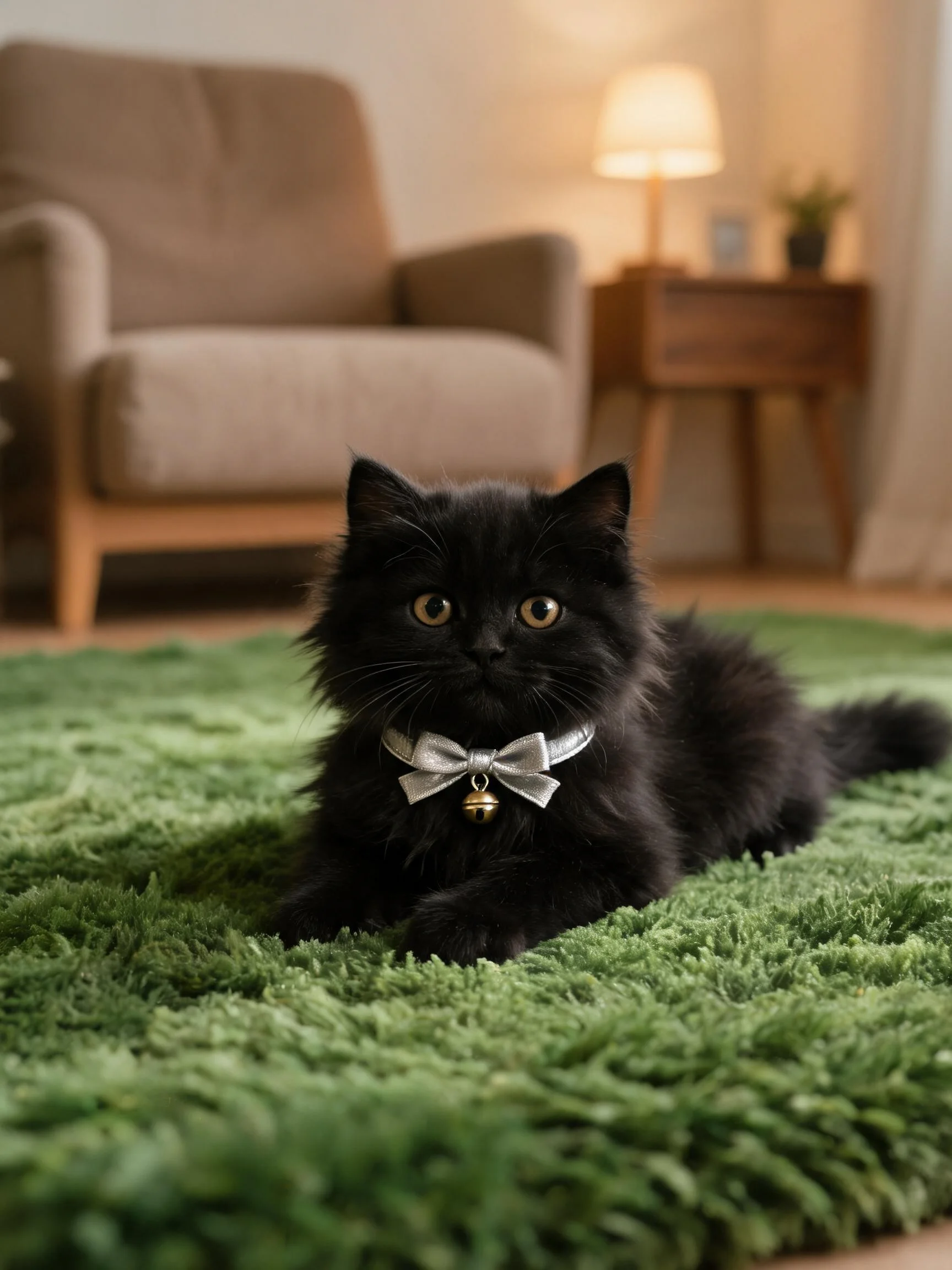 长毛黑猫安静趴卧在绿色地毯上,佩戴银色蝴蝶结项圈,眼部明亮有神。