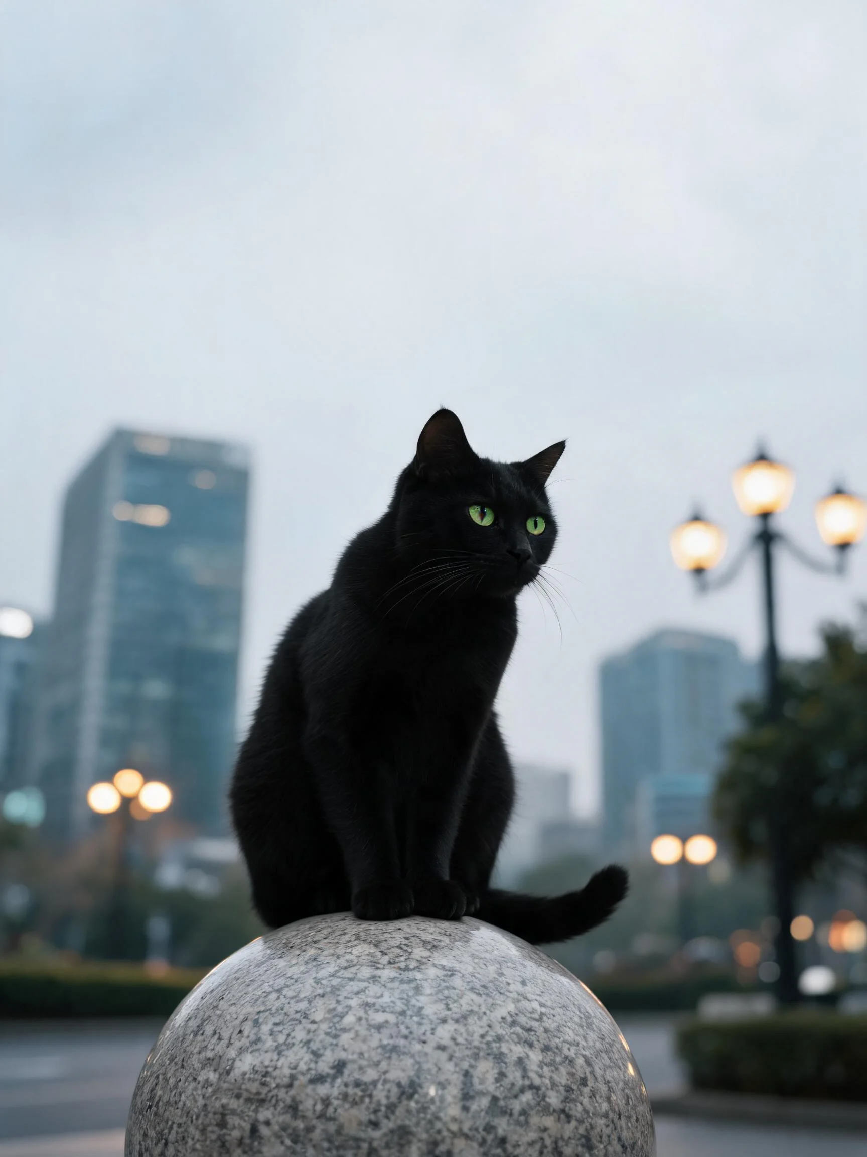 短毛家猫有着乌黑毛发和绿色眼睛，正安静地坐在石质球体上，背景是城市建筑群。
