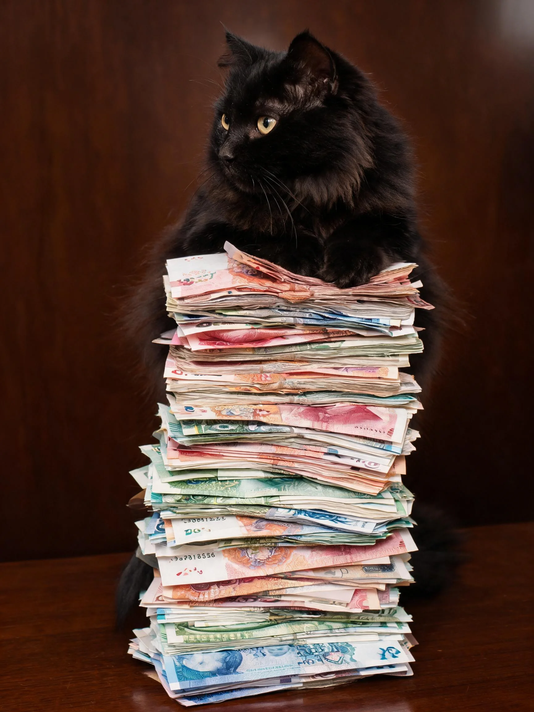 长毛黑猫安静地坐在各色钞票堆后方,黄色的眼睛明亮,前爪搭在钞票边缘处。