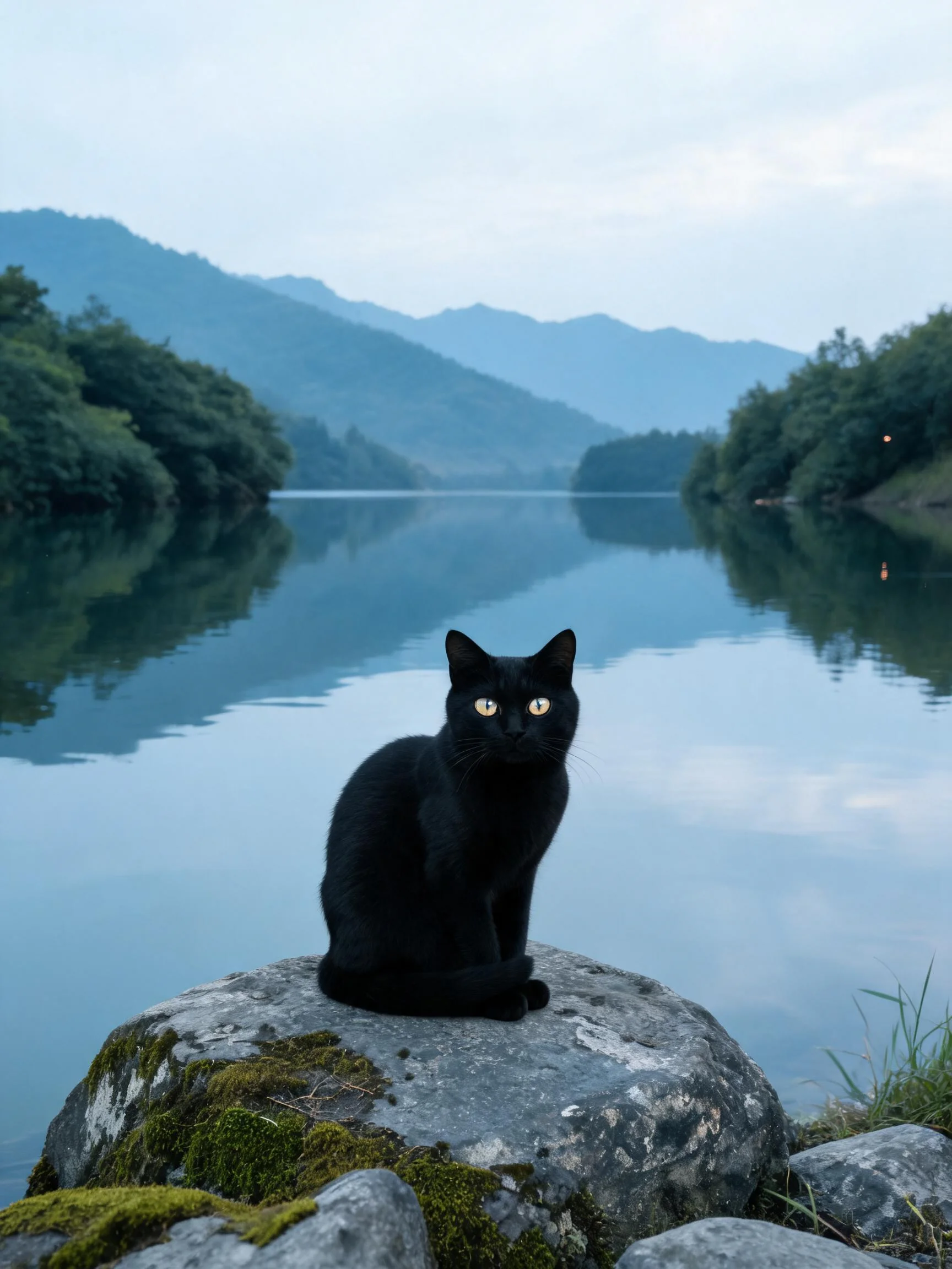 短毛家猫有着黑色的皮毛,正安静地坐在长满青苔的石块上凝视镜头,眼睛明亮清澈。