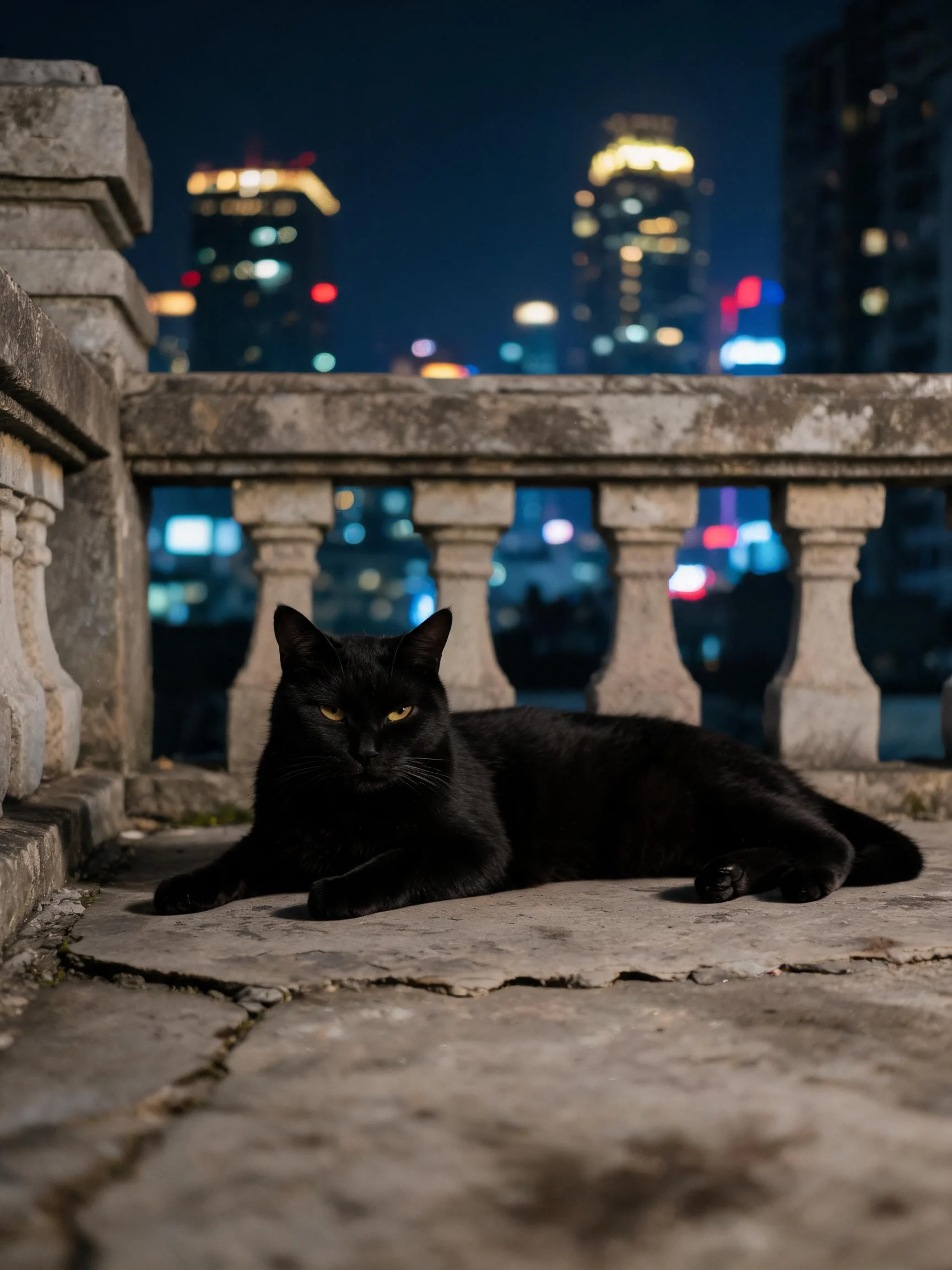 短毛黑猫趴在石板露台上,黑色皮毛与夜晚石板形成对比,黄色眼睛明亮。