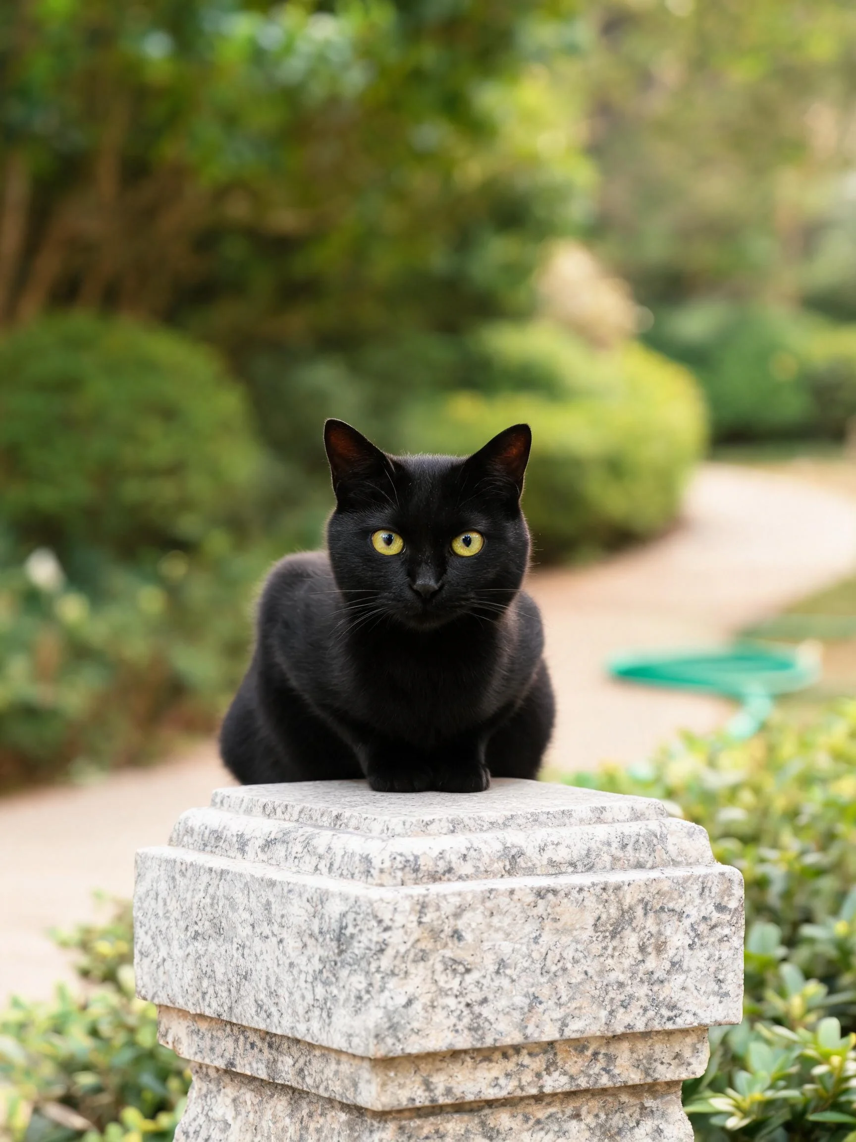 短毛黑猫有着乌黑顺滑的被毛,正安静地坐在石柱之上。