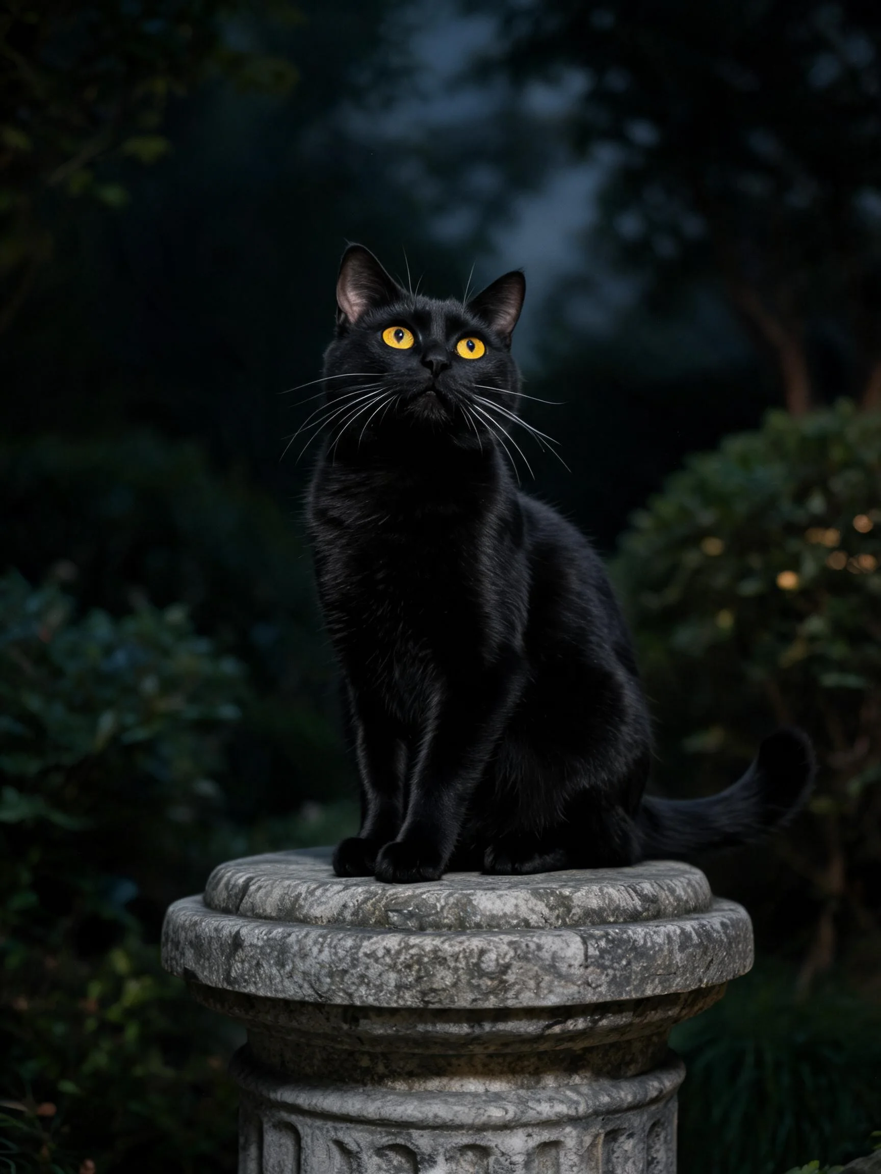 一只短毛黑猫正安静地坐在园林石柱顶端,它有着明亮的黄色眼睛,黑色的皮毛光滑且有光泽。