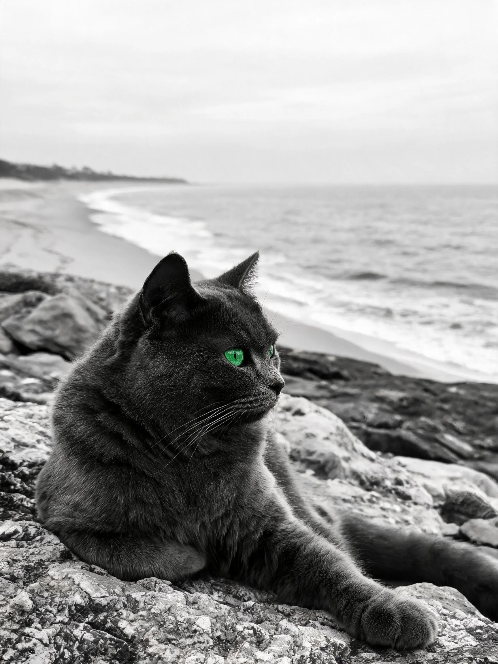 一只短毛家猫有着浓密的黑色被毛和翠绿色的眼睛,安静地趴在海滩附近的岩石上。