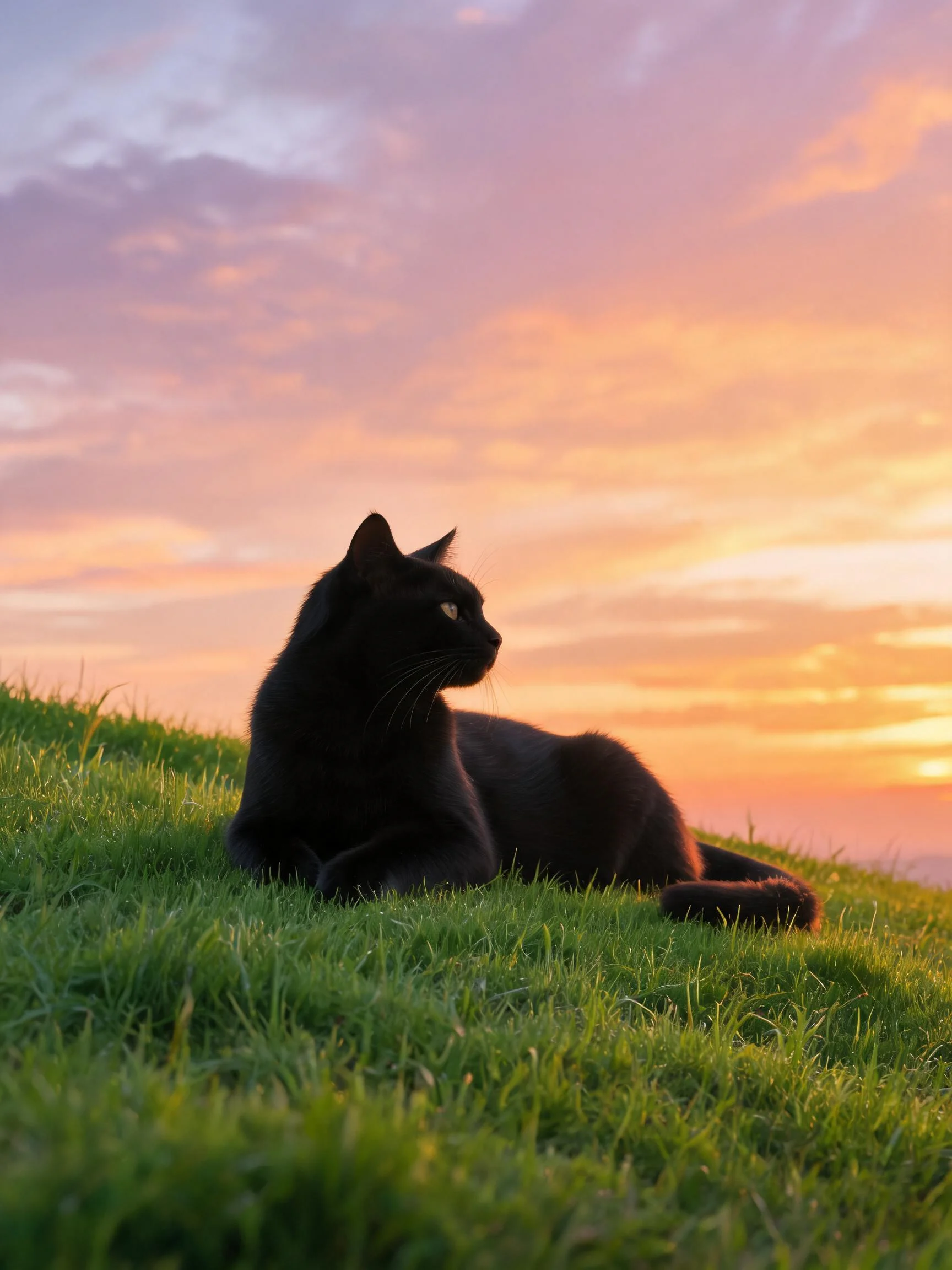 短毛黑猫静卧在绿色草坡上，黑色皮毛在夕阳下清晰可见，眼睛明亮。