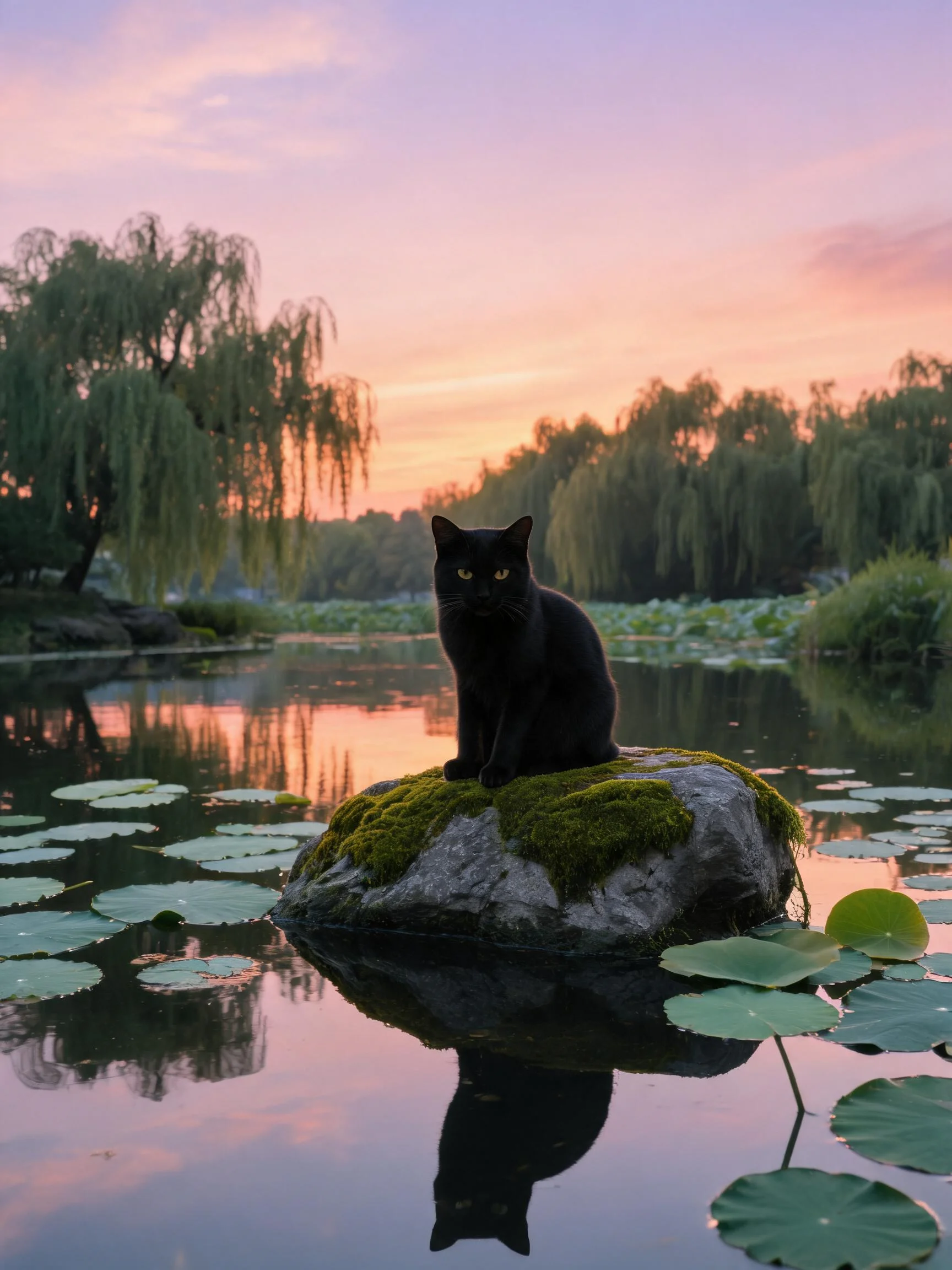 一只短毛家猫有着黑色皮毛，正安静地坐在长满青苔的石块上，石块位于平静的水域中央，水面倒映着猫咪的身影。