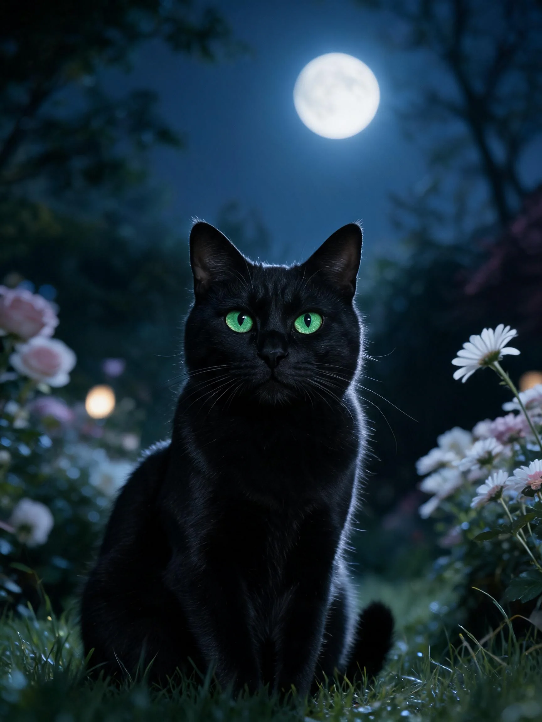 短毛黑猫有着翠绿色眼睛,黑色皮毛在月光下清晰可见。