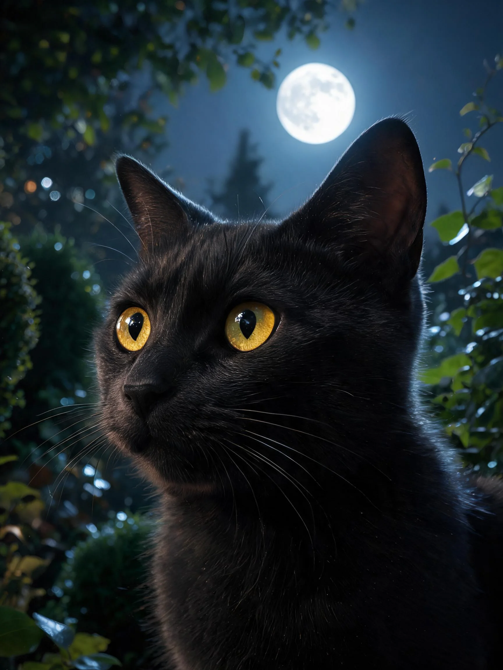 短毛家猫有着乌黑皮毛和明黄色眼睛,在月夜园林中专注凝视。