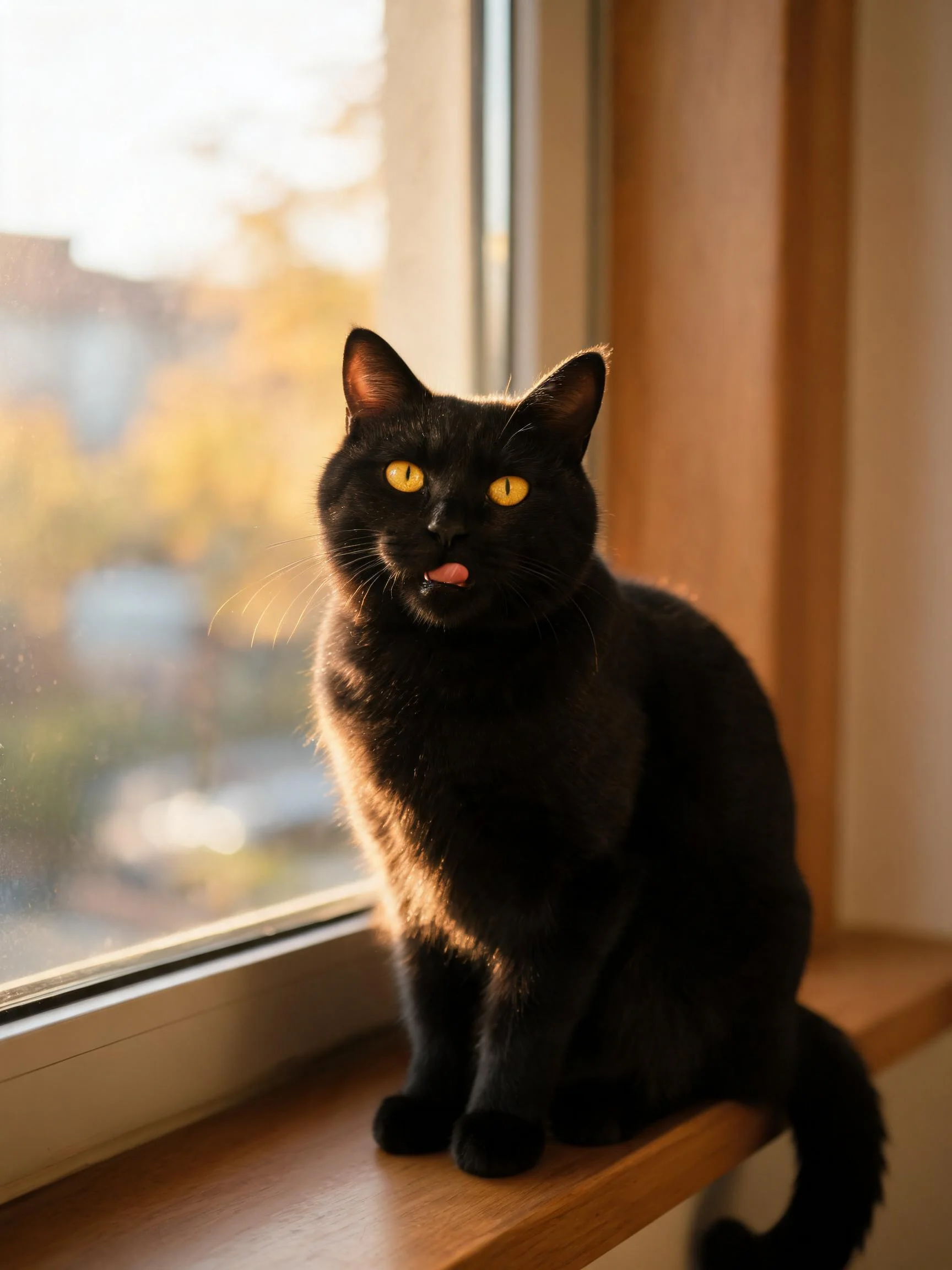 一只短毛黑猫,黄色的眼睛明亮,黑色被毛在光下显得光滑,正坐在窗台上,舌头轻微伸出。