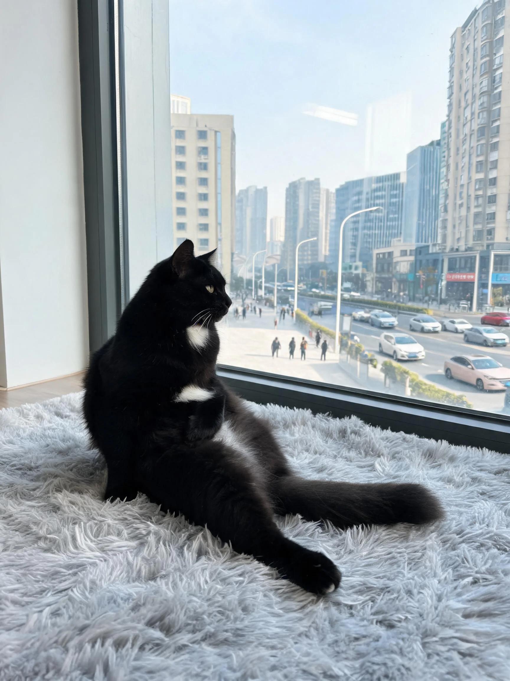 黑白短毛家猫有着黑色毛发与白色胸斑，正专注凝视窗外街道景象。
