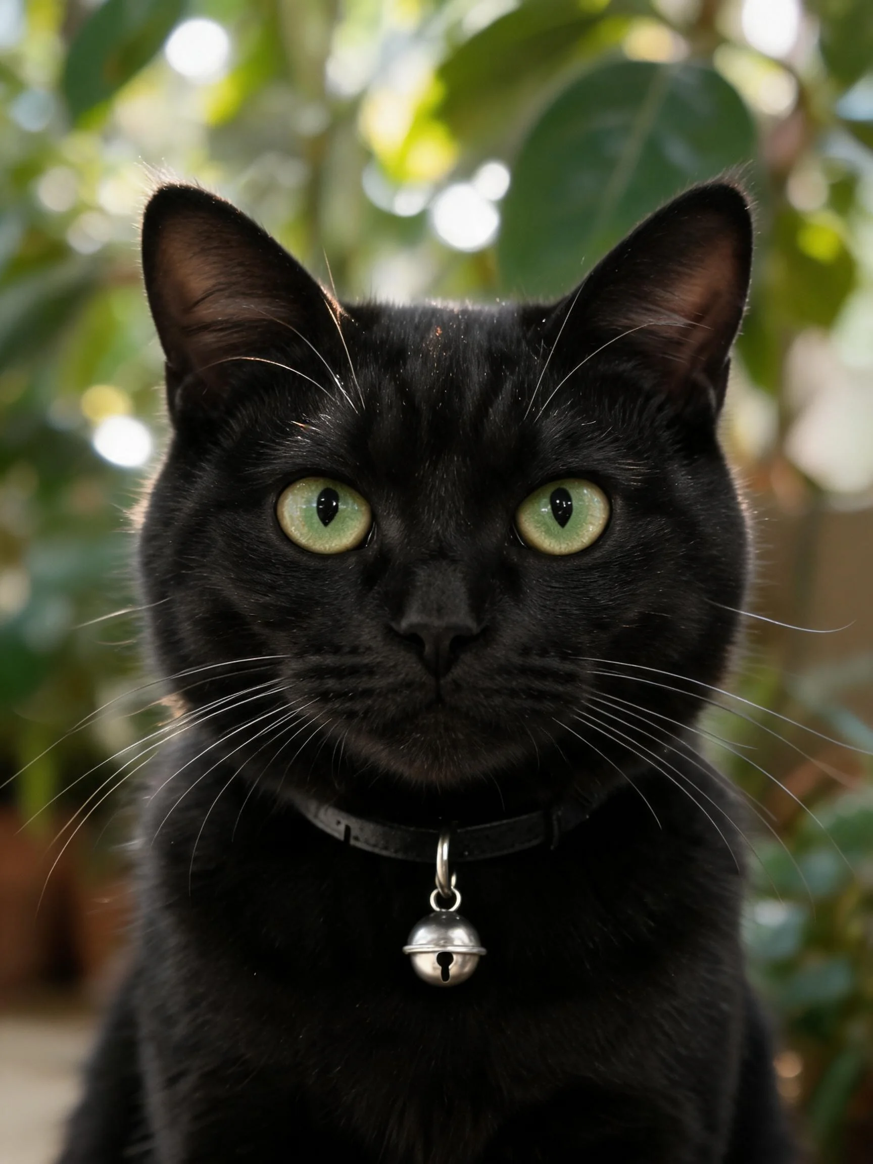 一只短毛家猫,有着黑色的被毛和明亮的绿色眼睛,佩戴着带有铃铛的项圈,身处绿植环绕的环境中。