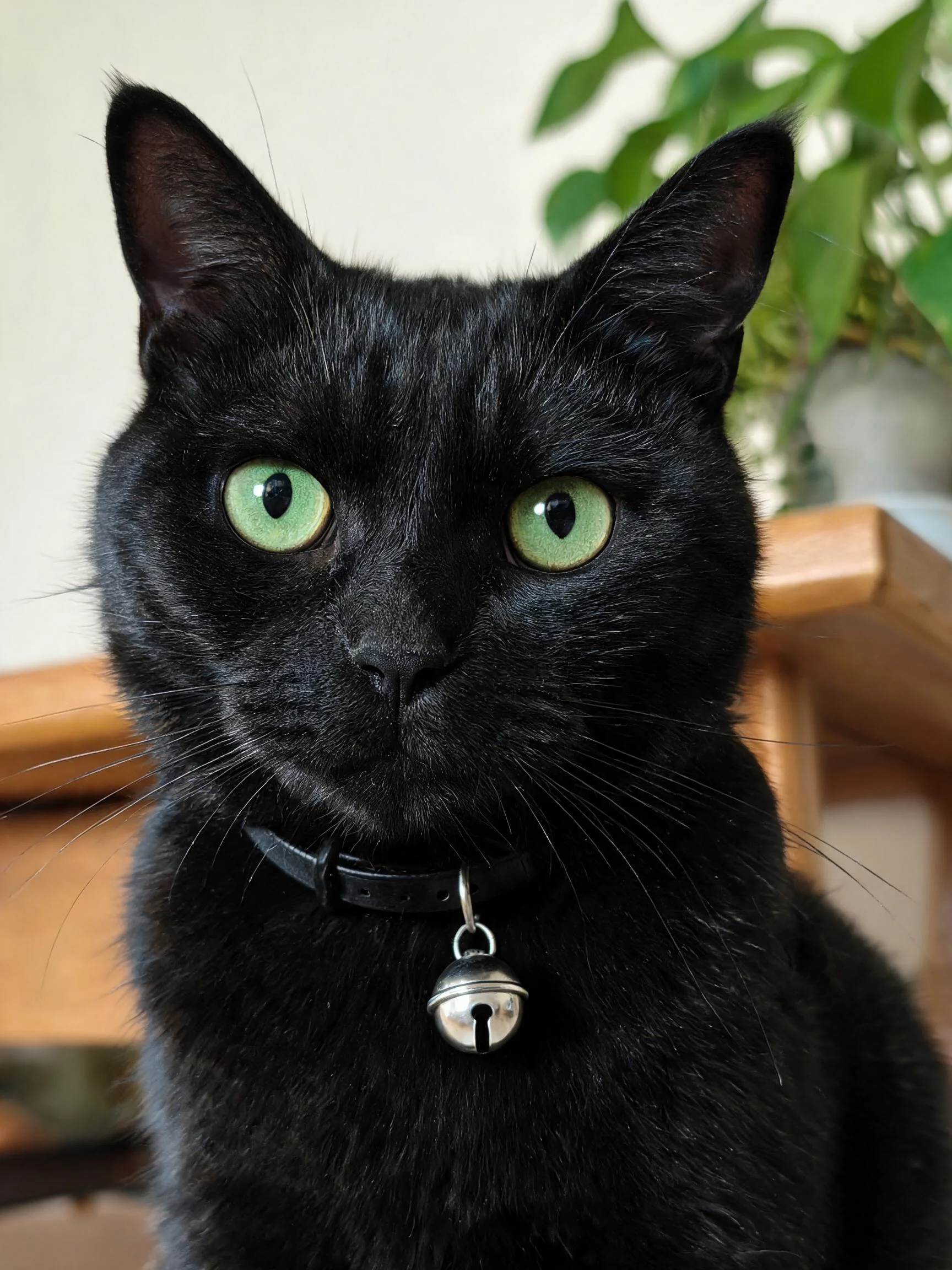 一只绿眼的短毛家猫,佩戴着带铃铛的项圈,黑色的毛发在光线照射下清晰可见。