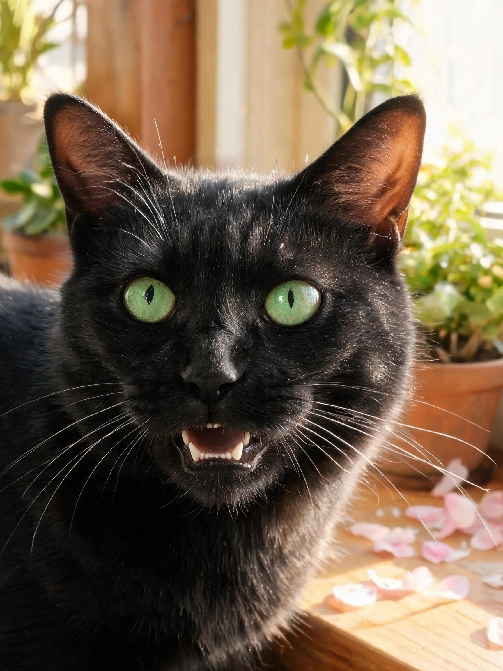 短毛黑猫注视镜头,翠绿色眼睛明亮,黑色短毛顺滑有光泽。