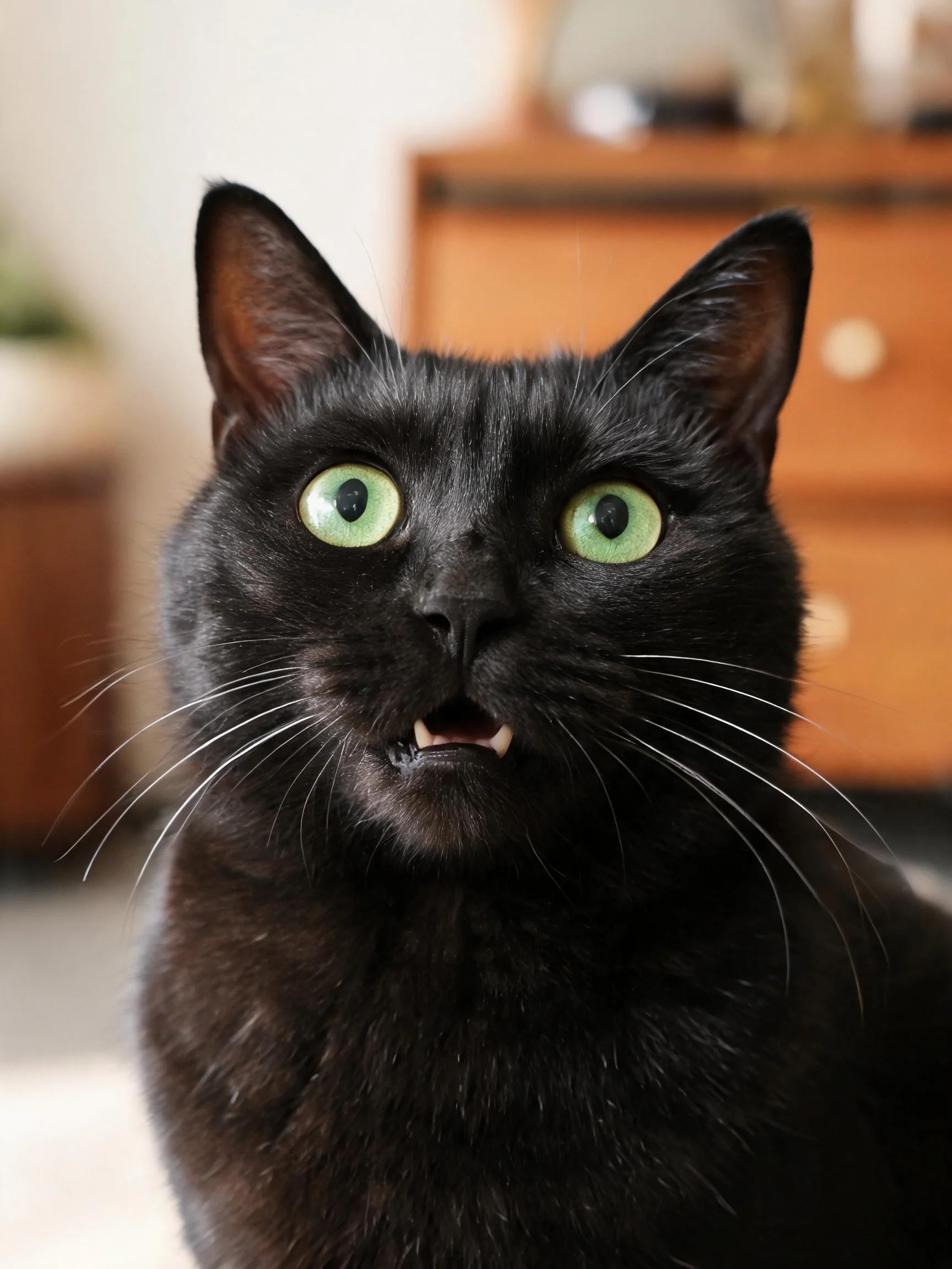 一只短毛家猫拥有乌黑被毛和翠绿色眼睛,正注视着镜头,嘴巴微张露出牙齿。