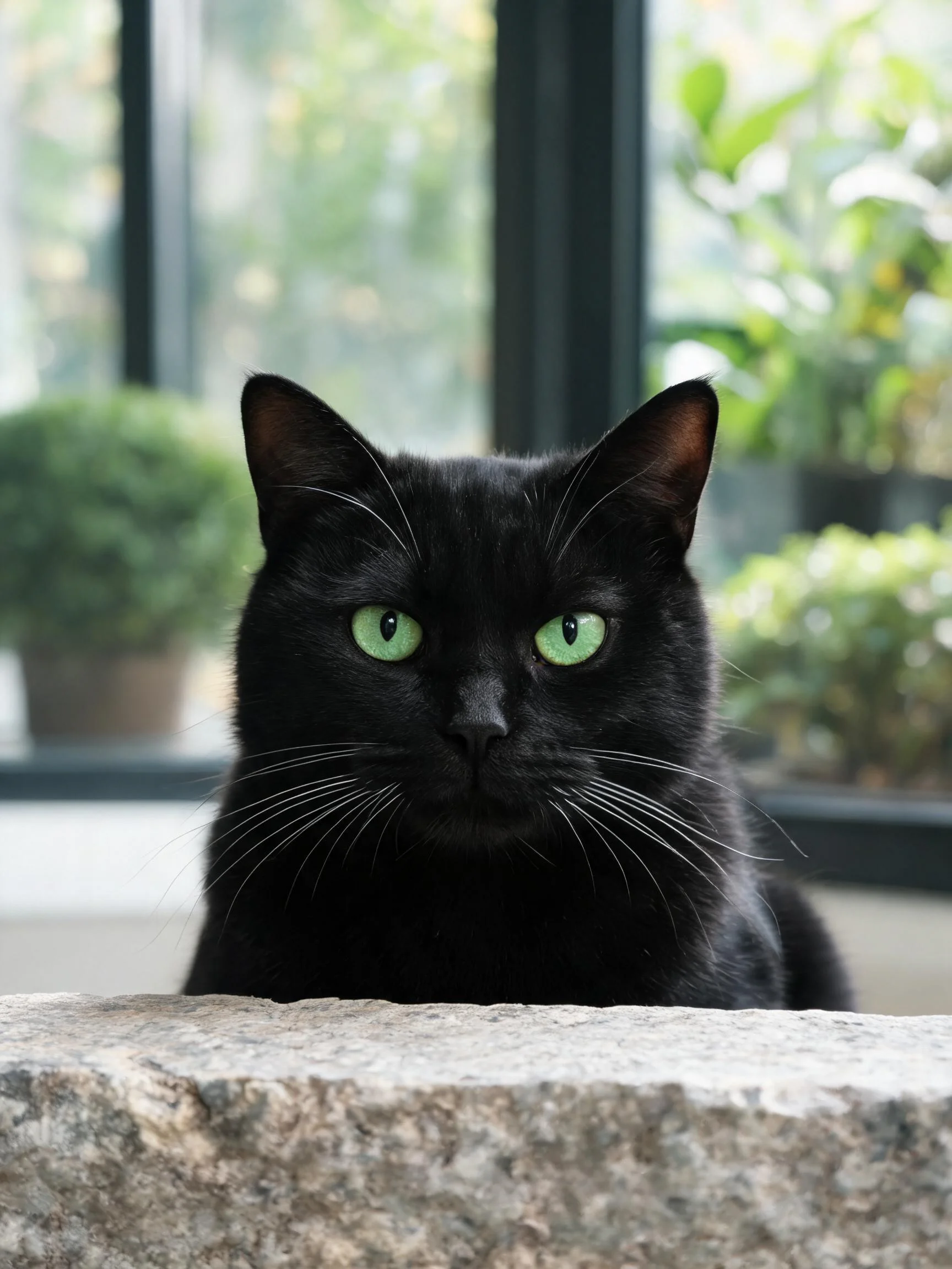短毛黑猫拥有乌黑皮毛与翠绿色眼睛,正安静地坐在石质物体后方凝视镜头。