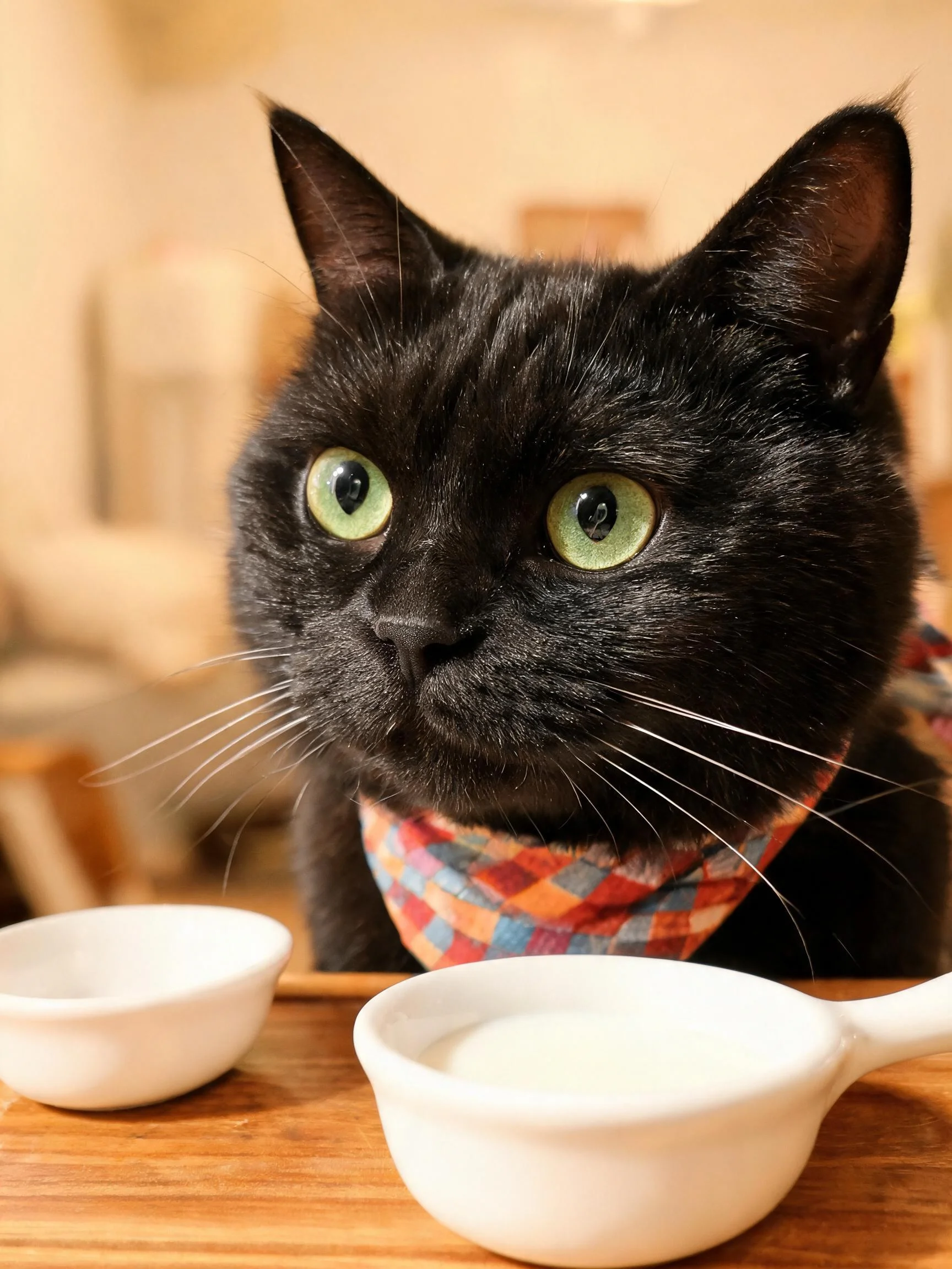 短毛黑猫有着黑色蓬松被毛和绿色眼睛,正注视着前方。