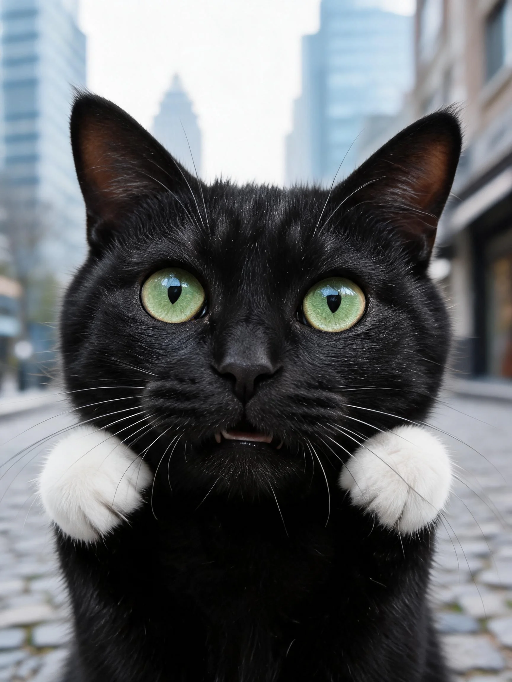 短毛家猫有着绿色眼睛和白色爪垫,以近距离姿态直接凝视镜头。