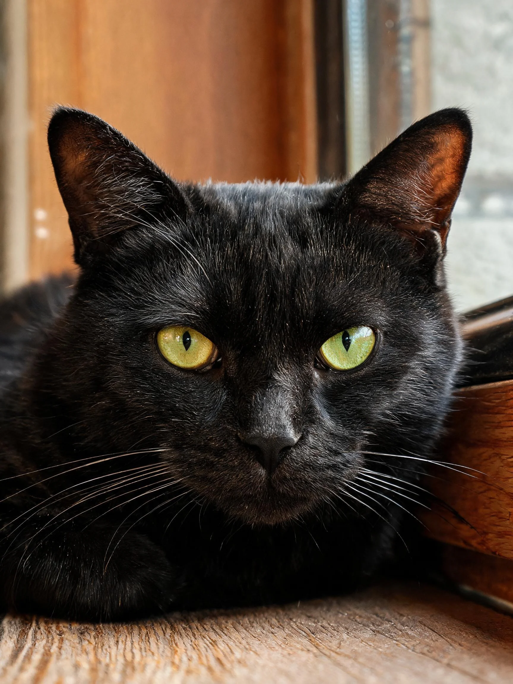 短毛黑猫安静趴在窗边,拥有乌黑短毛和明亮绿色双眼,胡须清晰可见。