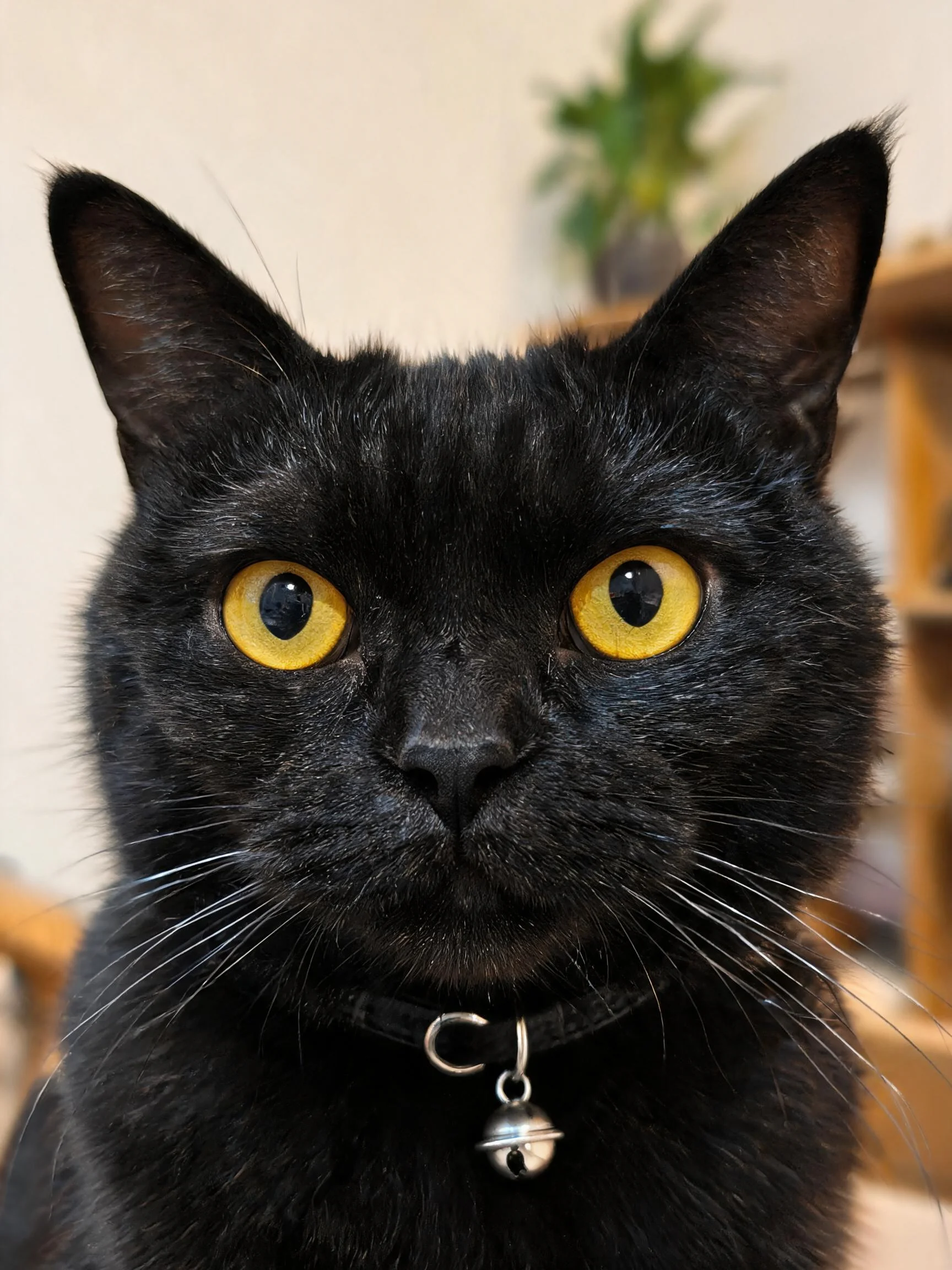 黑色短毛家猫，黄色眼睛明亮，佩戴项圈的宠物猫注视镜头的画面。