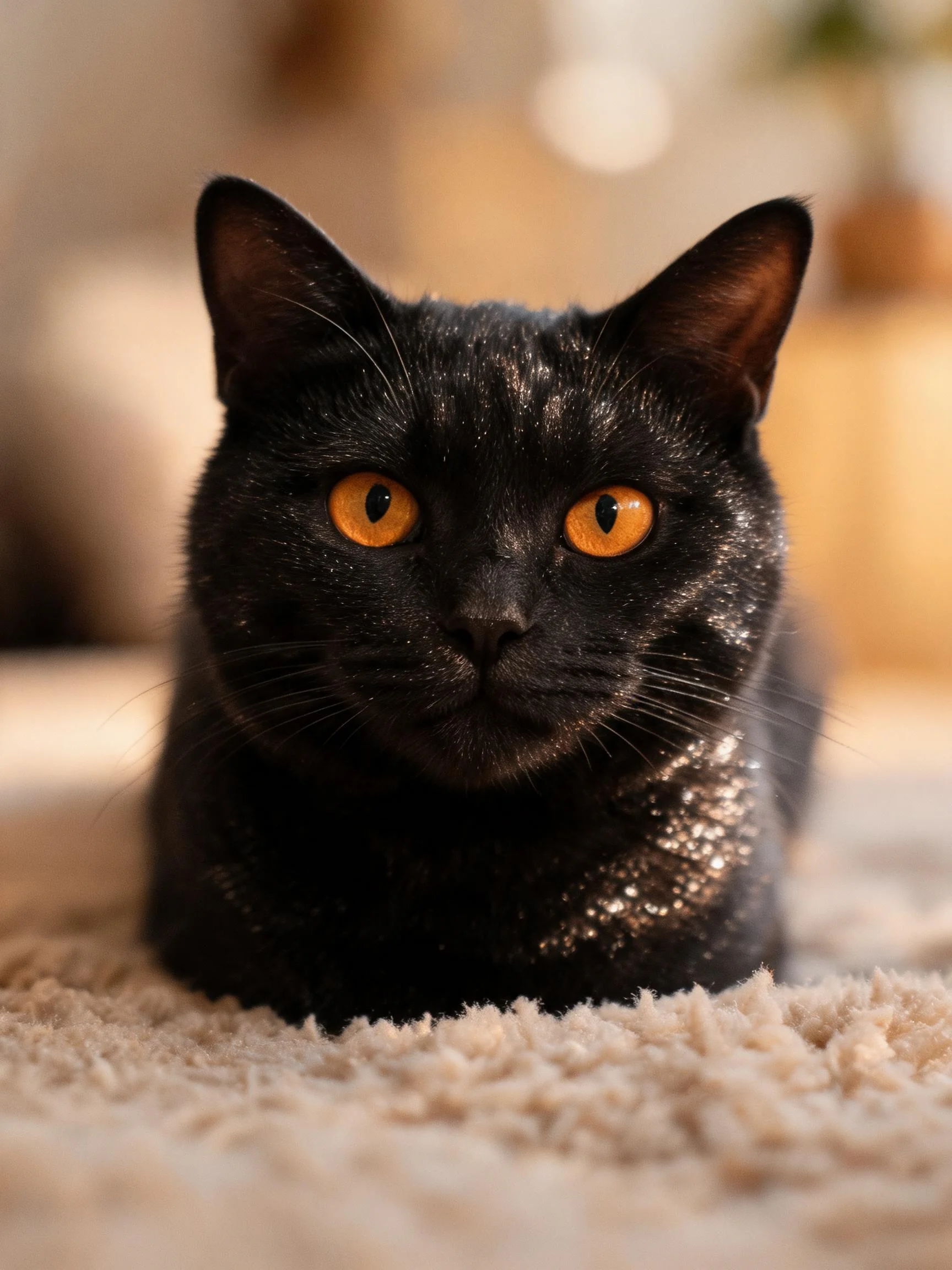 短毛黑猫拥有乌黑被毛和明亮的橙黄色眼睛,正安静注视镜头。