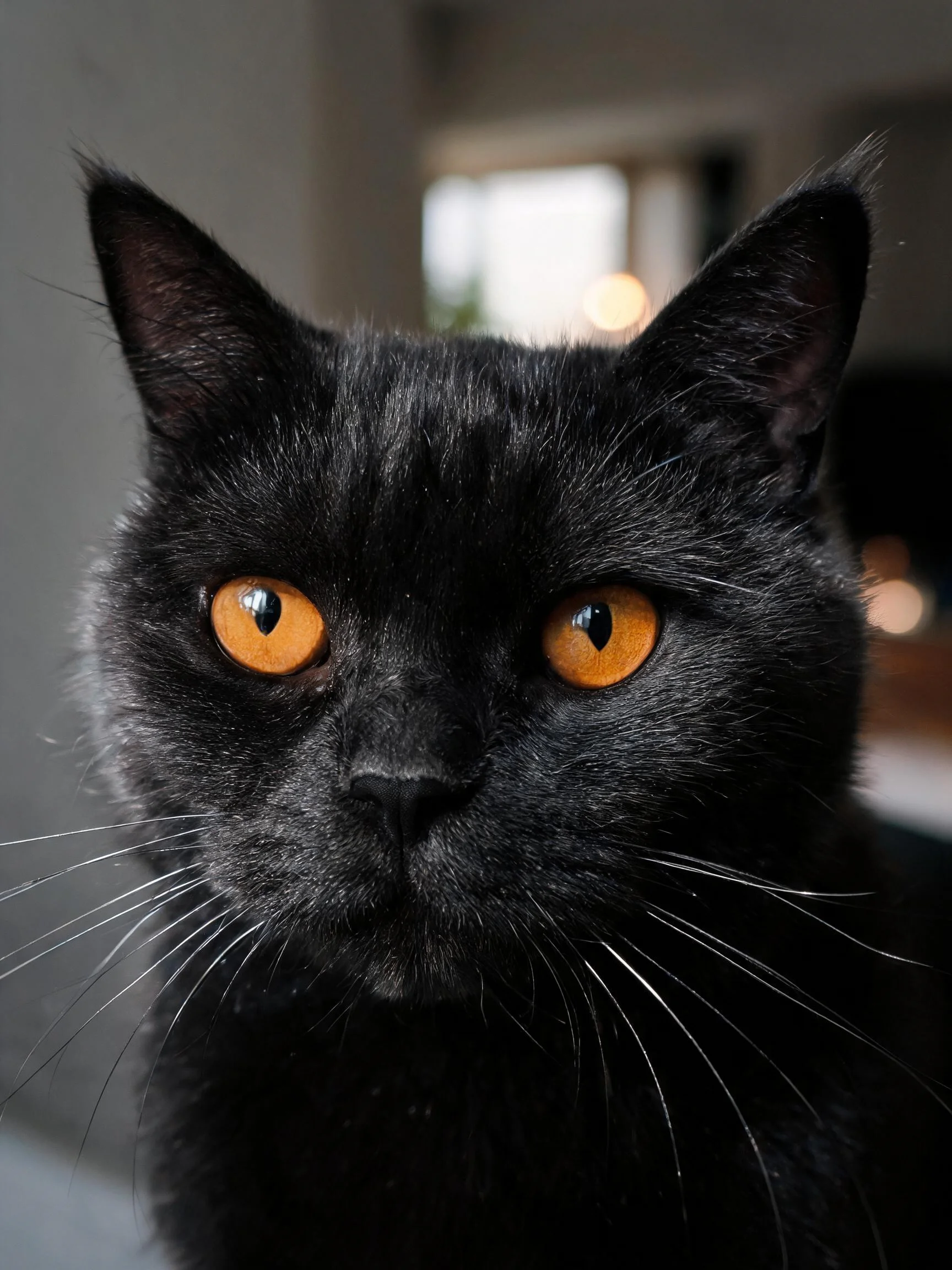 黑英国短毛猫拥有明亮的琥珀色眼睛和乌黑短毛,胡须修长清晰可见。
