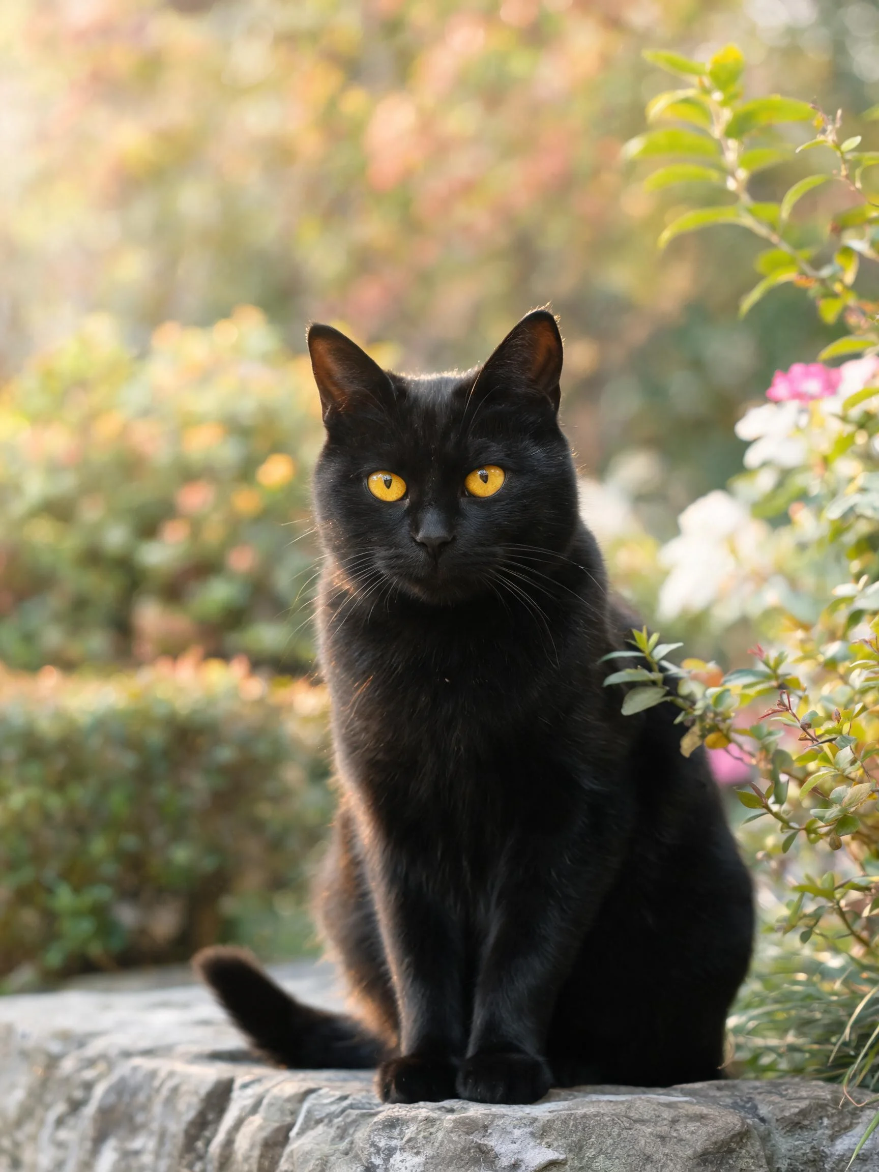 短毛黑猫皮毛漆黑顺滑,黄色眼睛明亮,静坐于园林石壁之上。