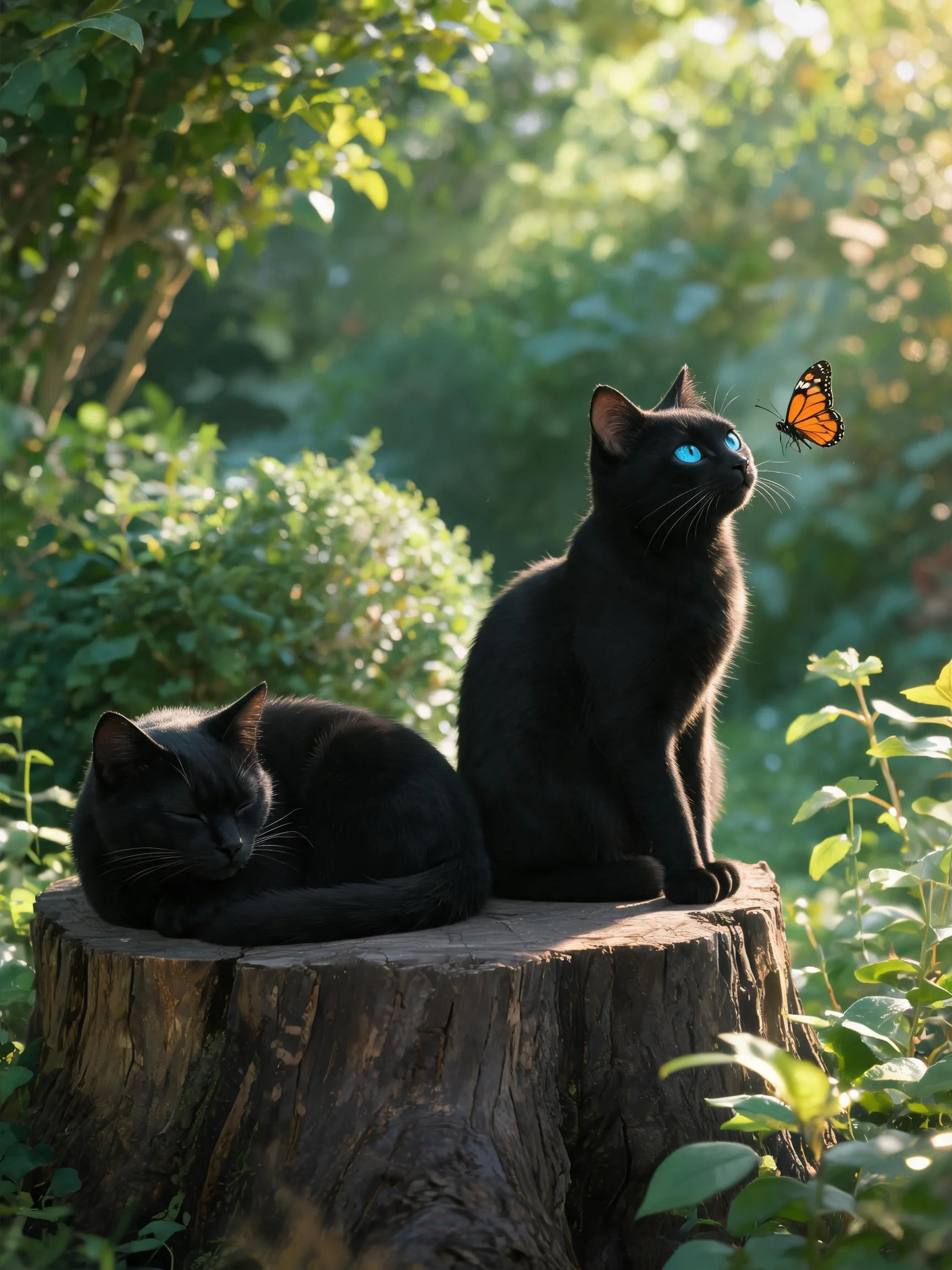 短毛黑猫注视着空中的橙色蝴蝶,黑色皮毛与蓝色眼睛清晰可见。