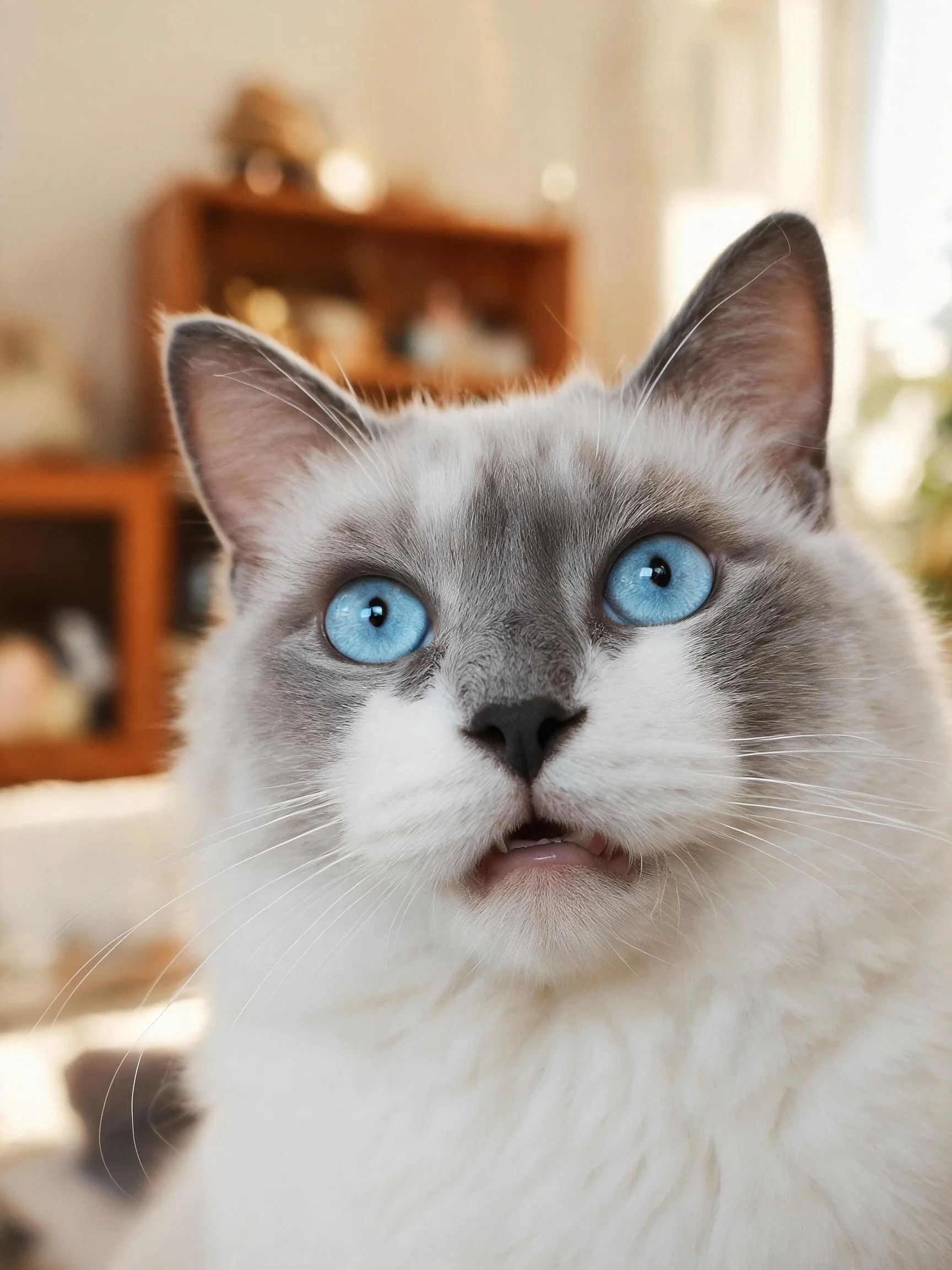 蓝眼睛布偶猫,蓬松白色带灰色被毛,黑色鼻头,安静注视前方。