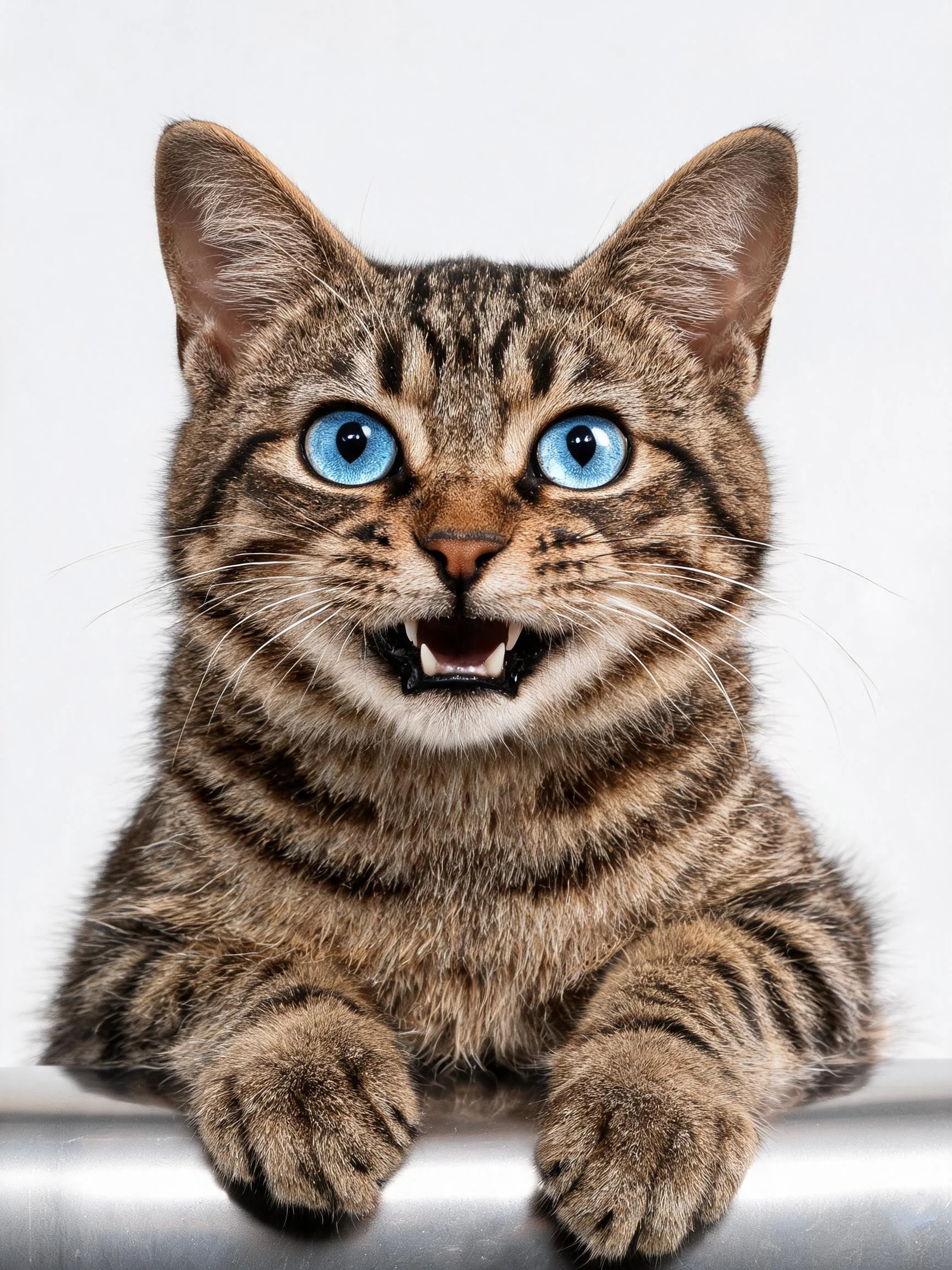 一只短毛虎斑猫,拥有蓝色的眼睛和清晰的虎斑纹理,正趴在光滑的银色表面上。