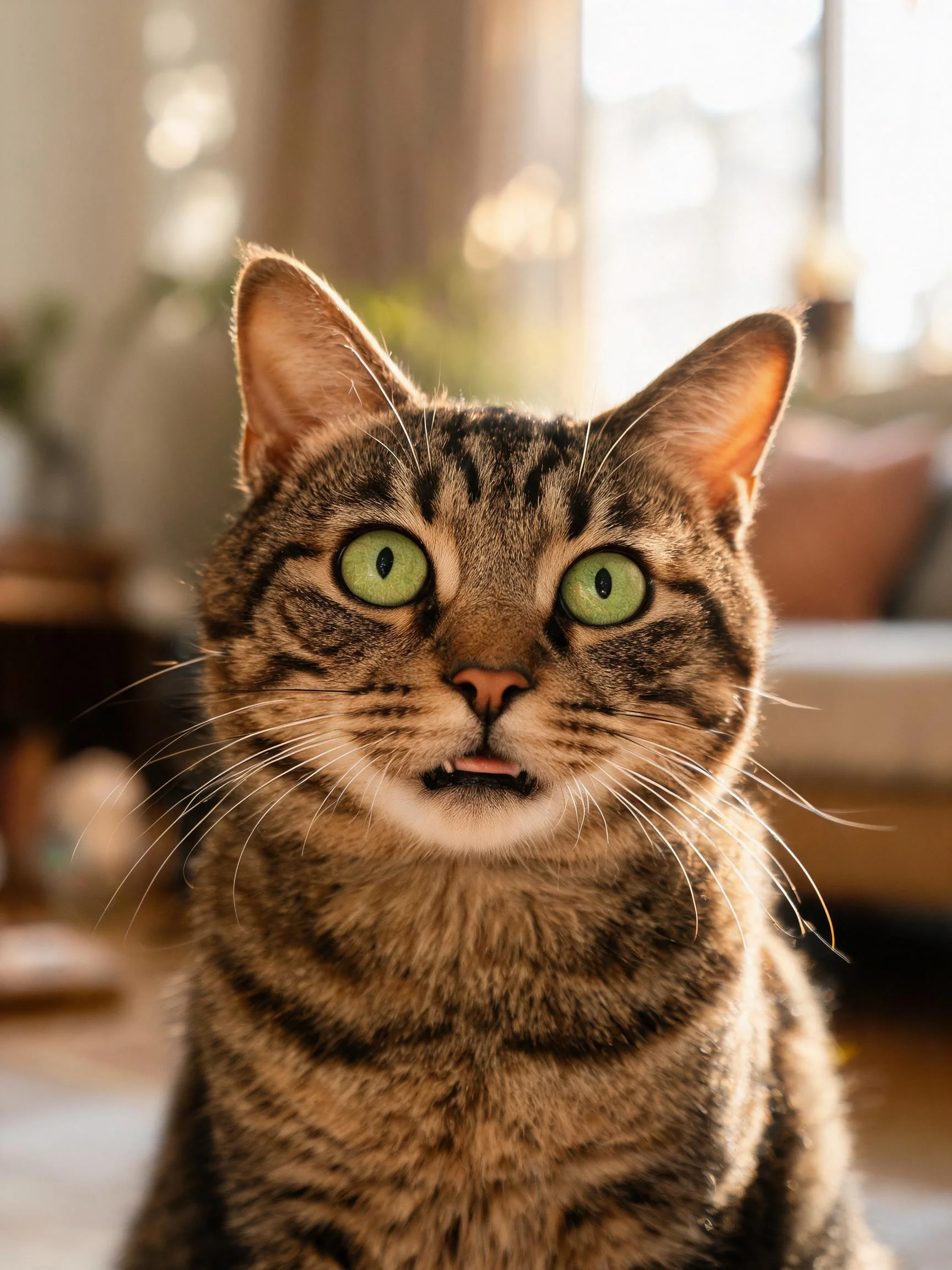 短毛虎斑猫拥有绿色大眼睛，面部表情放松，嘴巴微张。