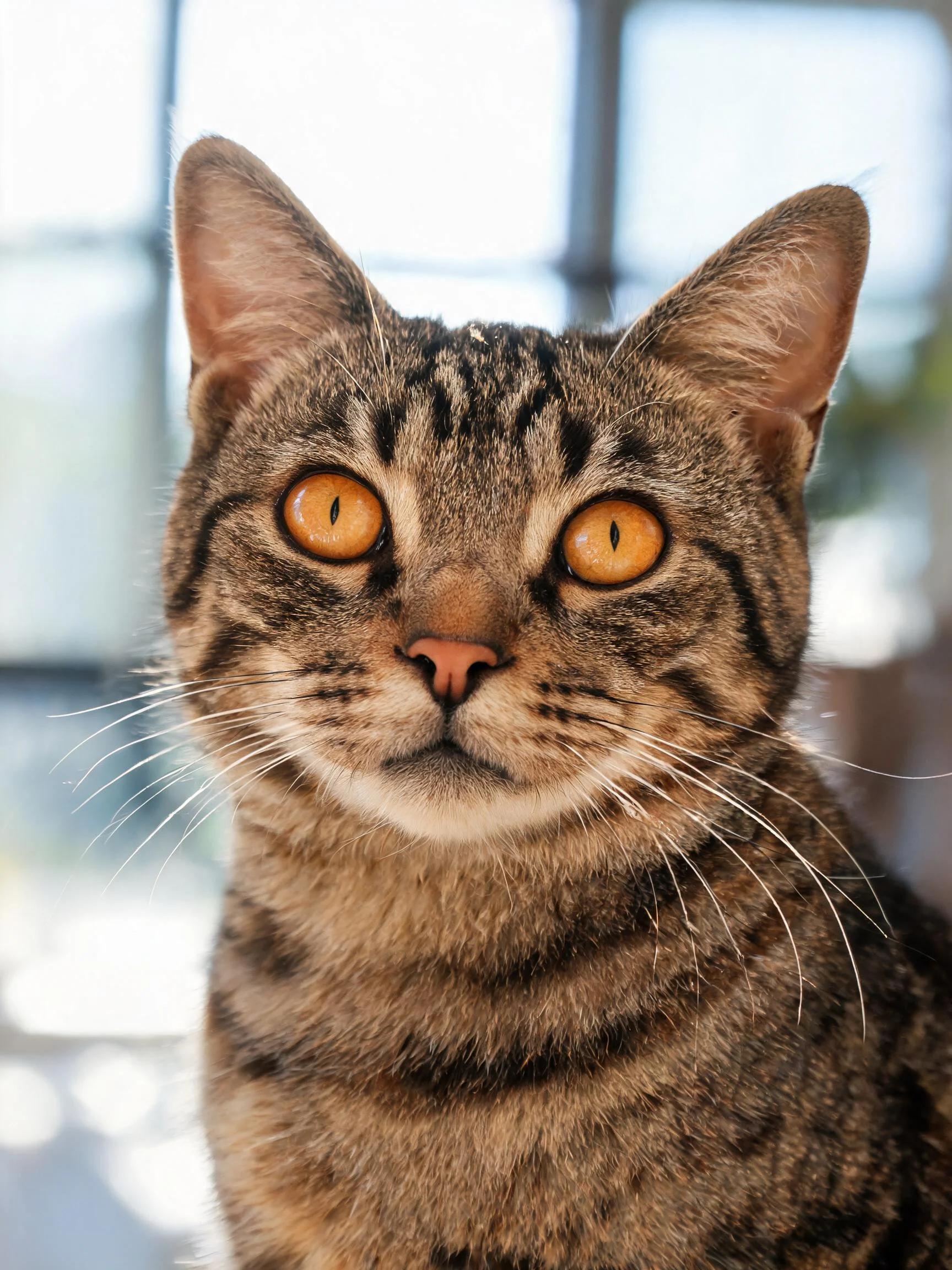 银灰虎斑短毛猫拥有明亮的橙黄色眼睛,面部有清晰的虎斑纹理特征。