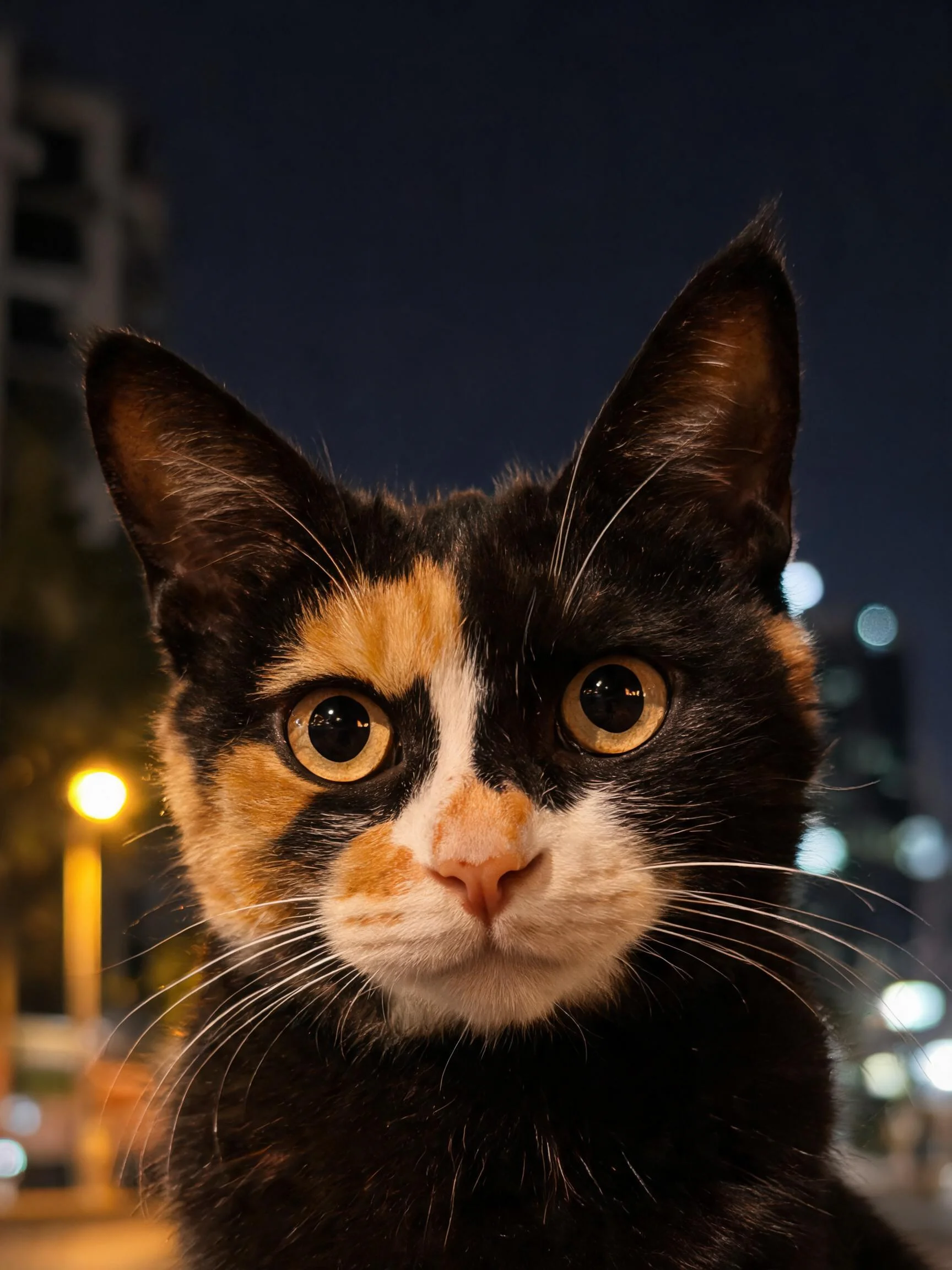 三色短毛家猫有着圆睁的眼睛和清晰的黑橙白相间斑纹毛发。