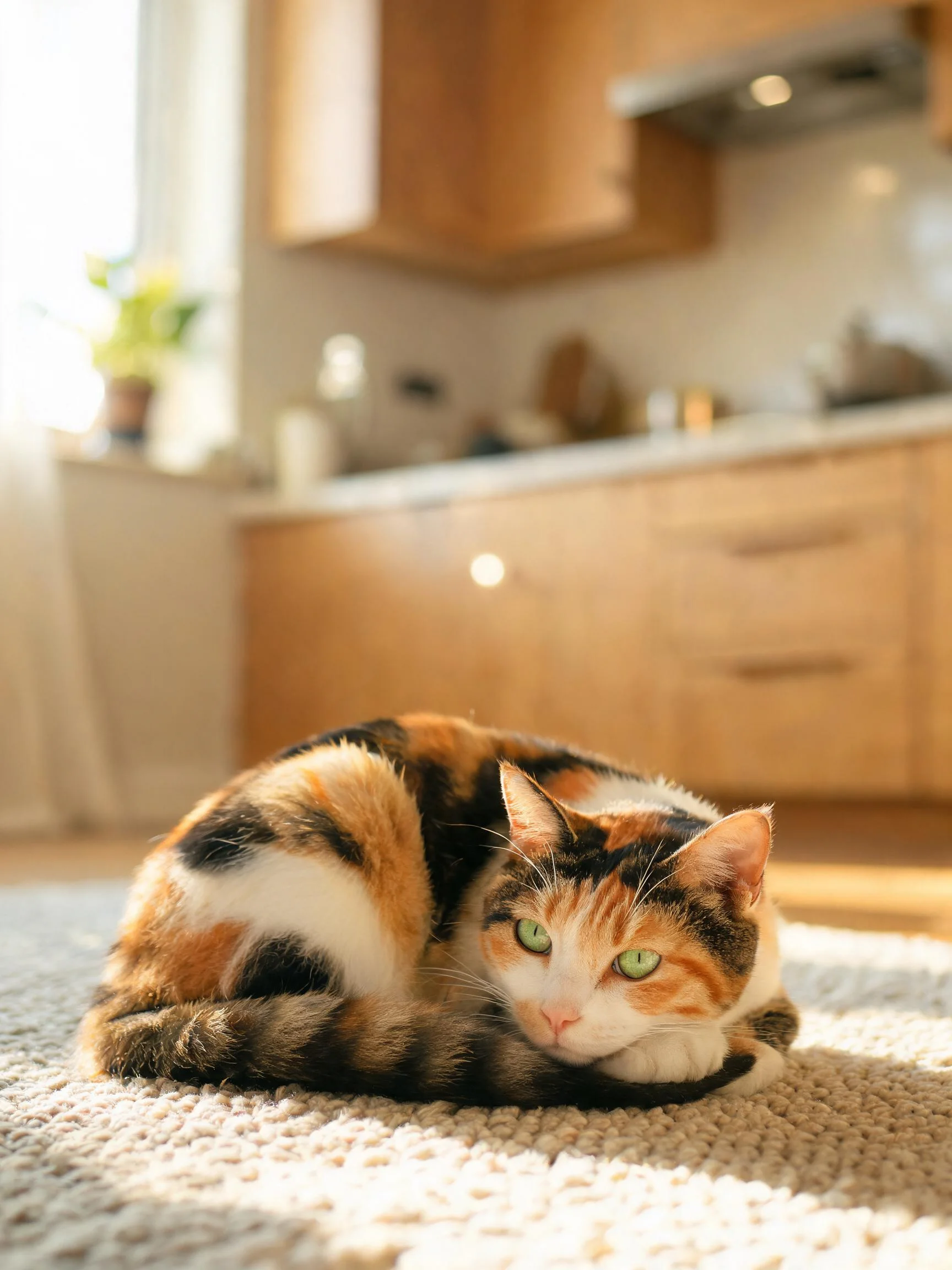 三色短毛猫安静趴卧在地毯上,绿色眼睛明亮,橙黑白相间的毛发清晰可见。