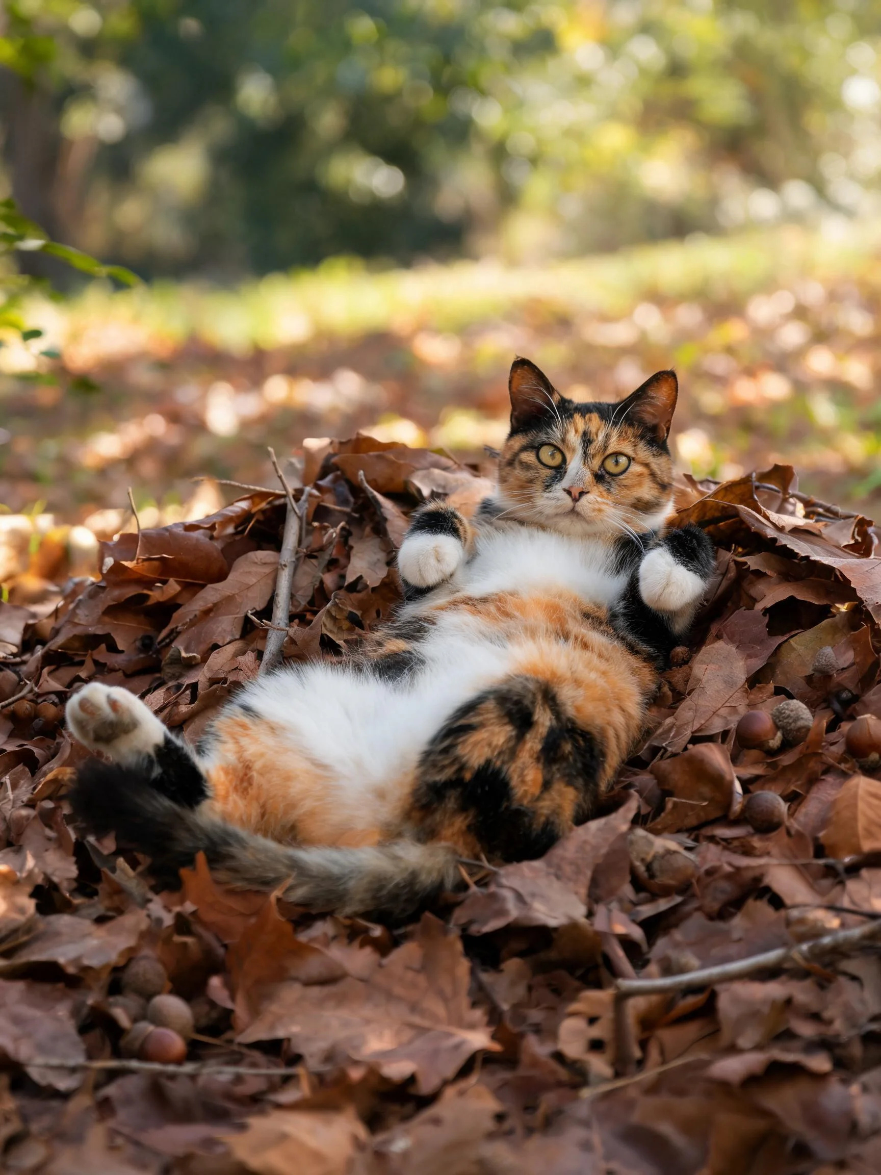 三色短毛猫仰卧在干燥落叶堆上,毛发蓬松柔软,周围散落着坚果与枯叶。