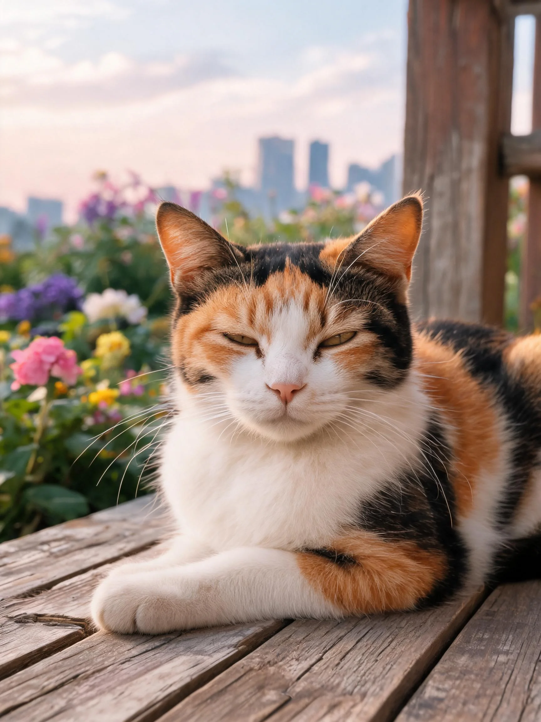 三色短毛家猫安静地趴在木质露台上，毛发呈现出黑、橙、白三种颜色的搭配。