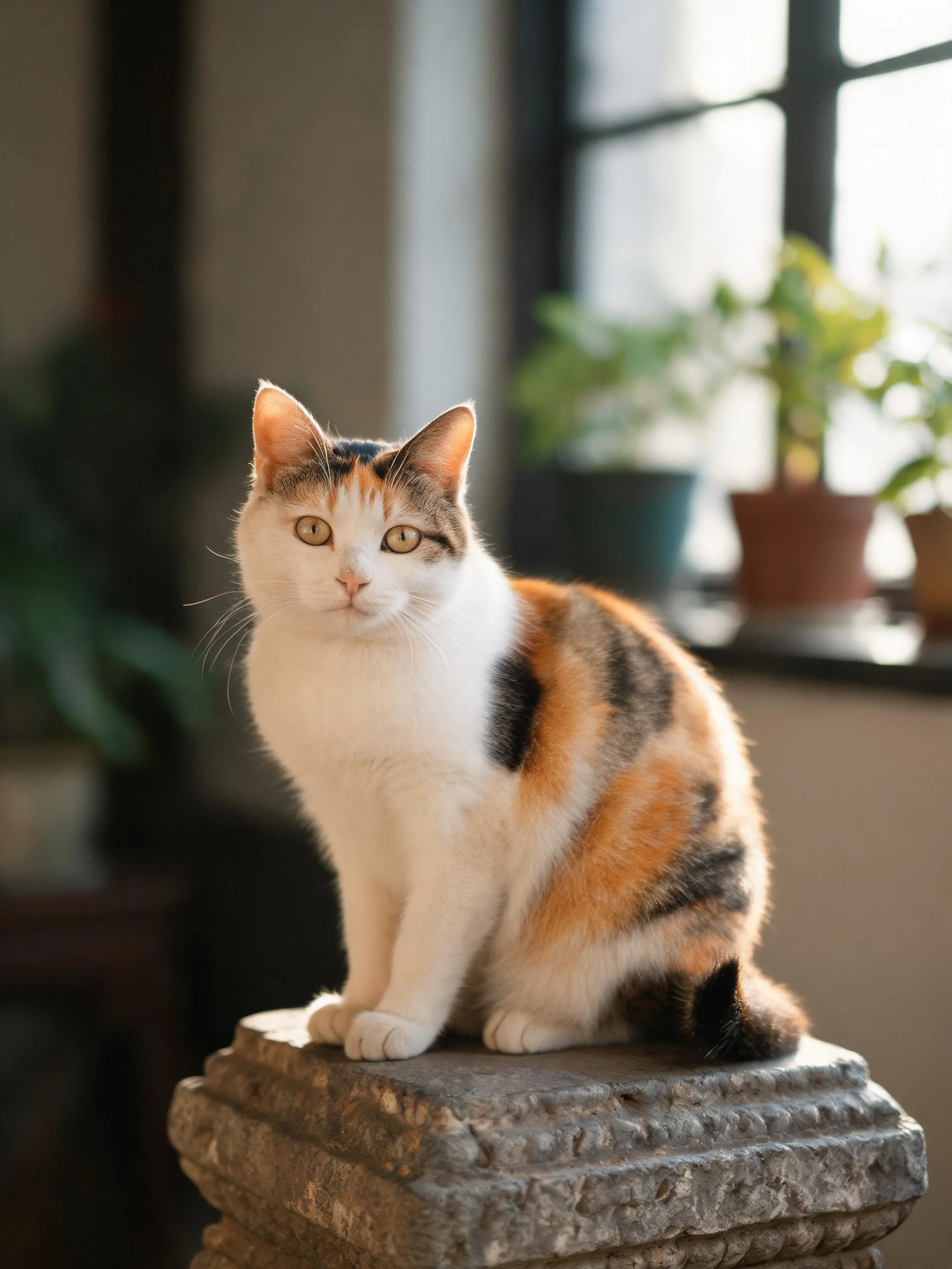 三色短毛家猫安静地坐在石质基座上,眼睛明亮注视前方,皮毛柔软蓬松。