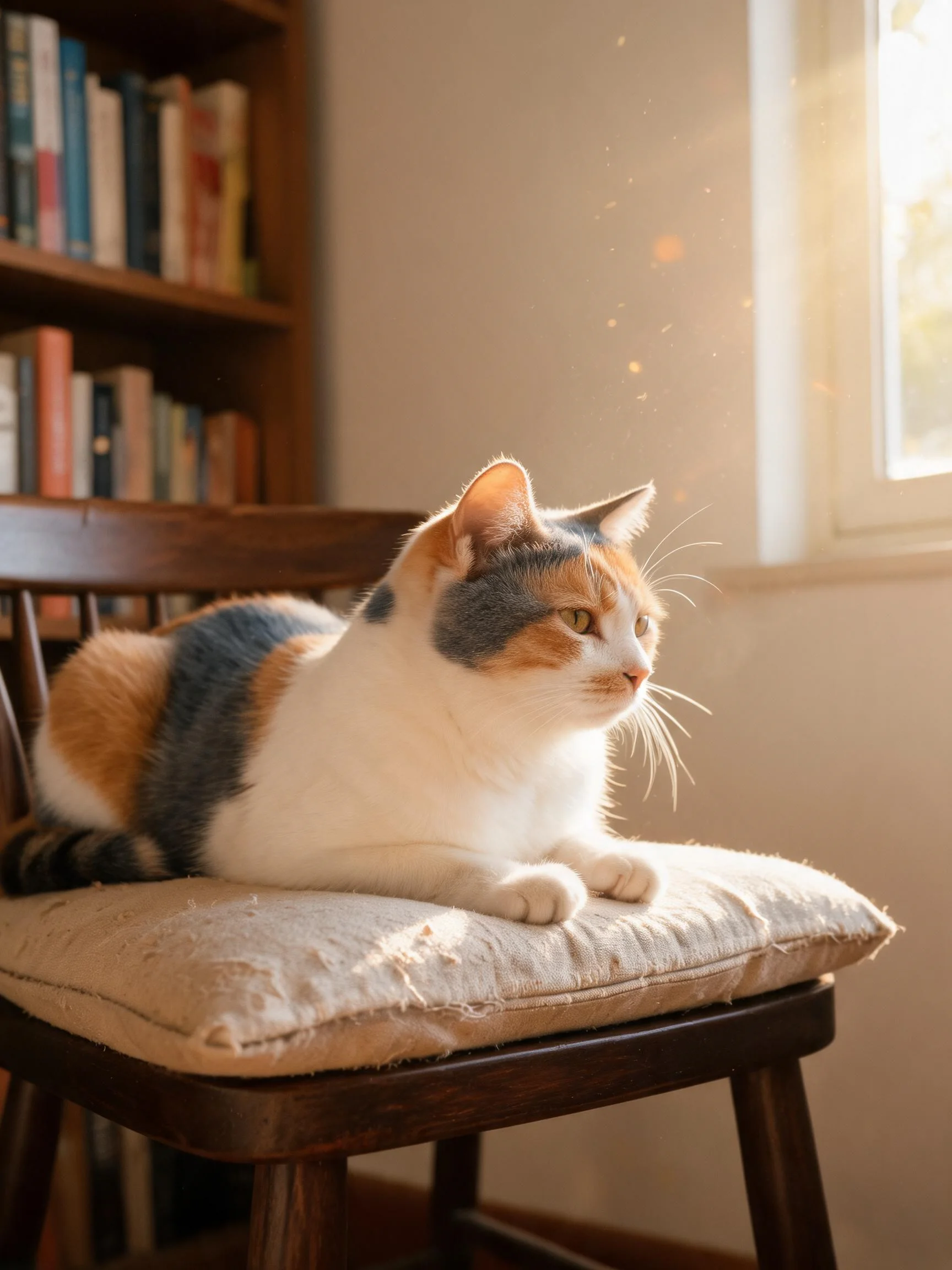 三色短毛家猫趴在浅色布艺座椅上,毛发呈现白、橙、灰三色斑纹,沐浴在光中。