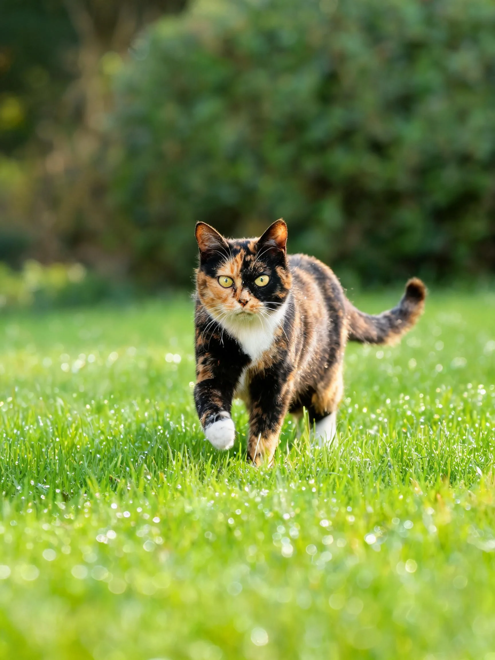 三色短毛猫在绿色草坪上行走,前爪抬起,黑、棕、白相间的被毛清晰可见。