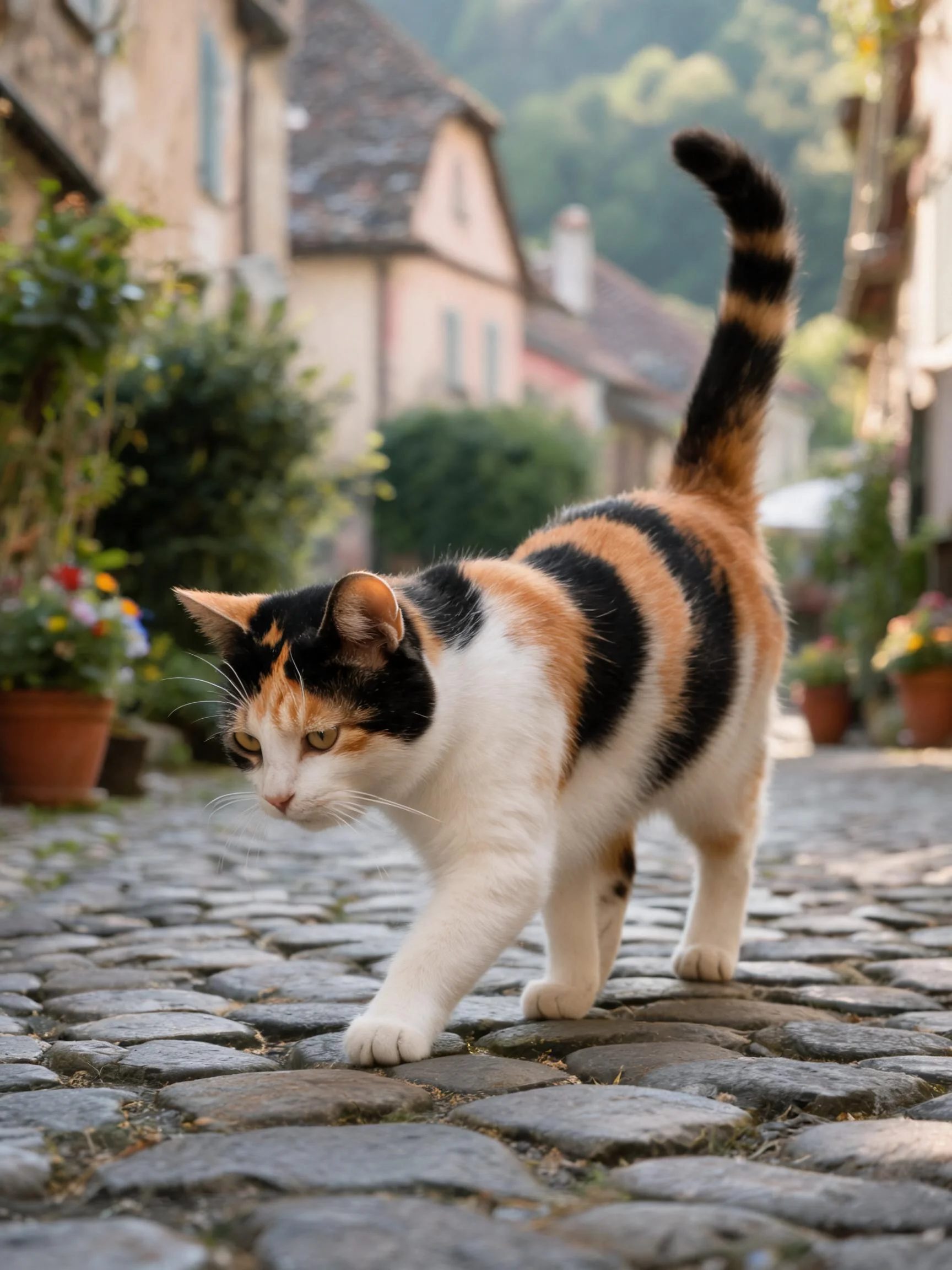 三色短毛猫在石板路上行走,皮毛呈现黑、橙、白相间的斑纹,前爪轻触地面。