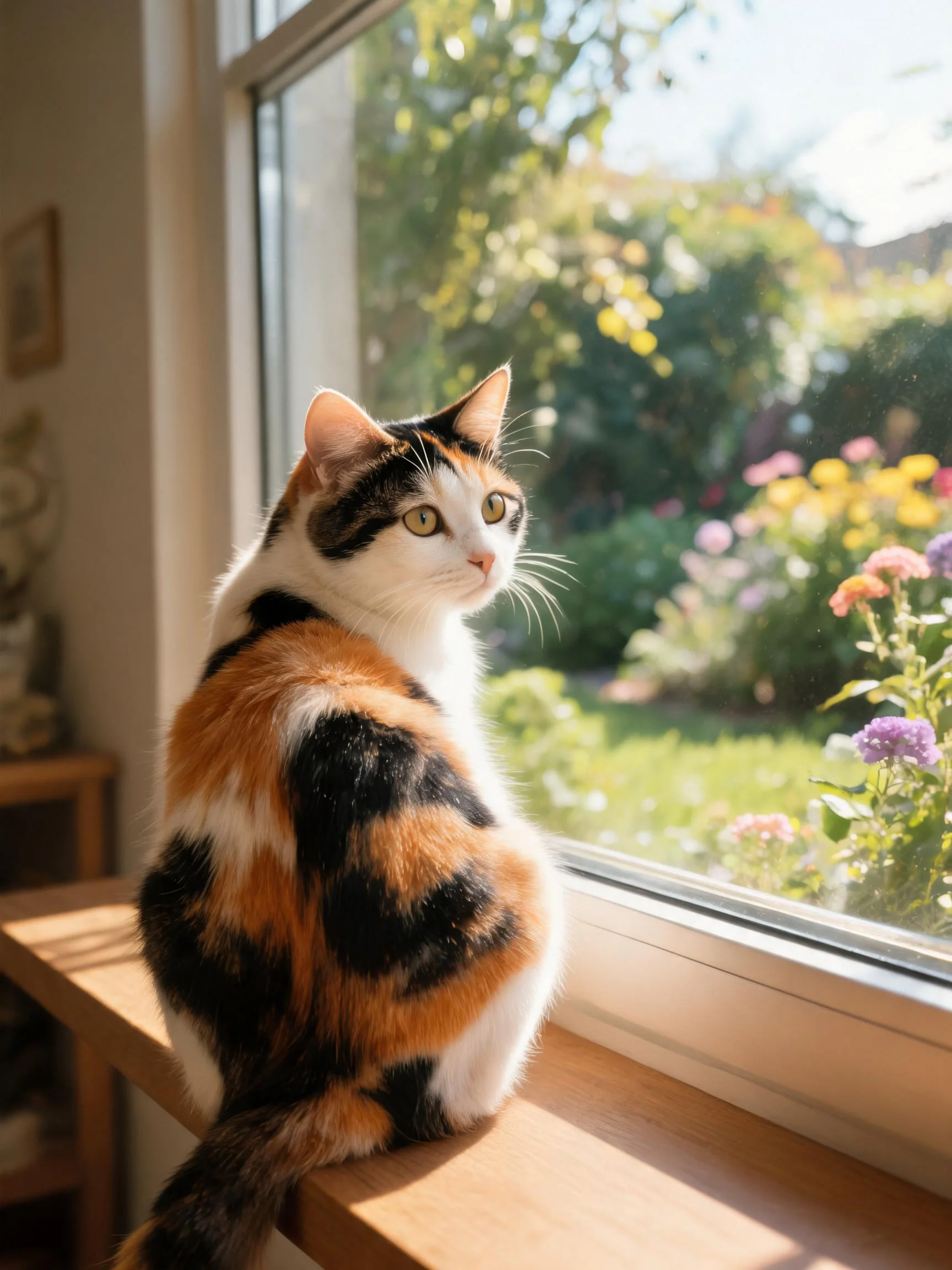 三色短毛猫凝视窗外,毛发呈现出黑橙白三色分布特征,耳朵竖起处于警觉状态。