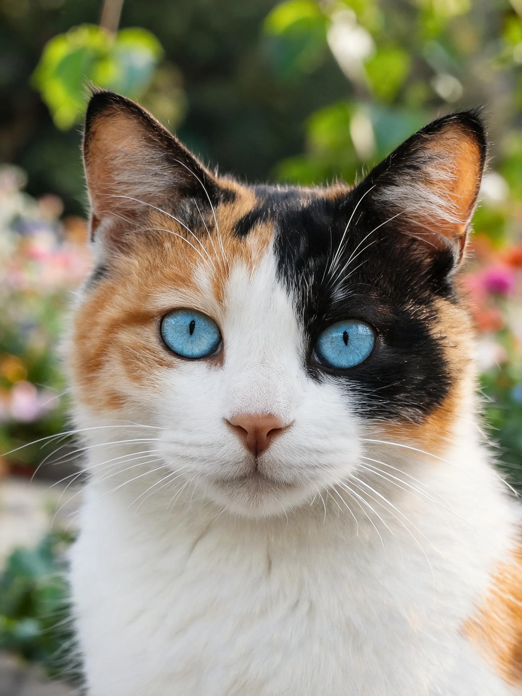 三色短毛猫拥有黑橙白三色毛发和蓝色眼睛,面部细节清晰可见。