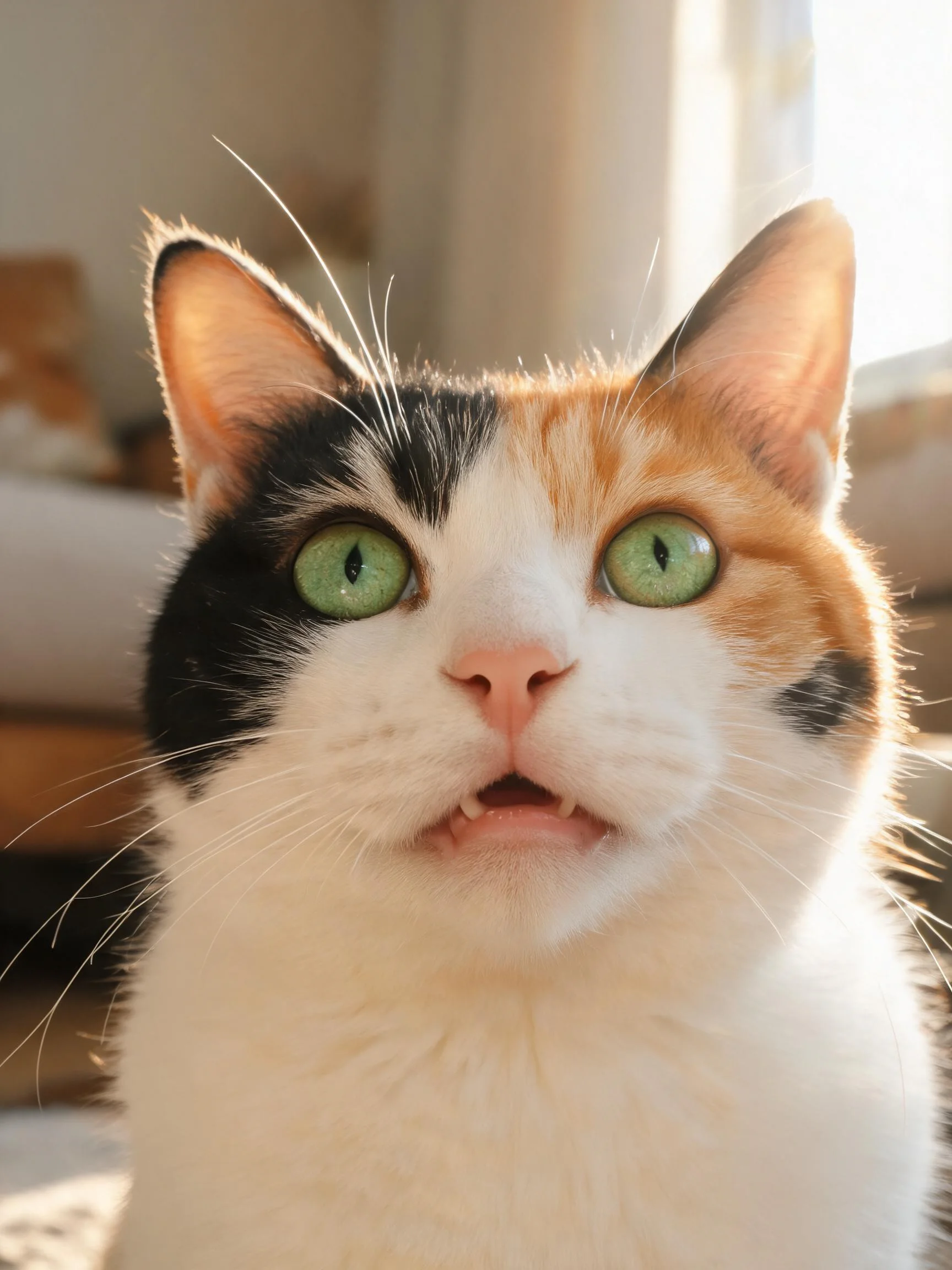三色短毛家猫拥有绿色眼睛和黑白橙相间的毛发,面部白色区域明显。