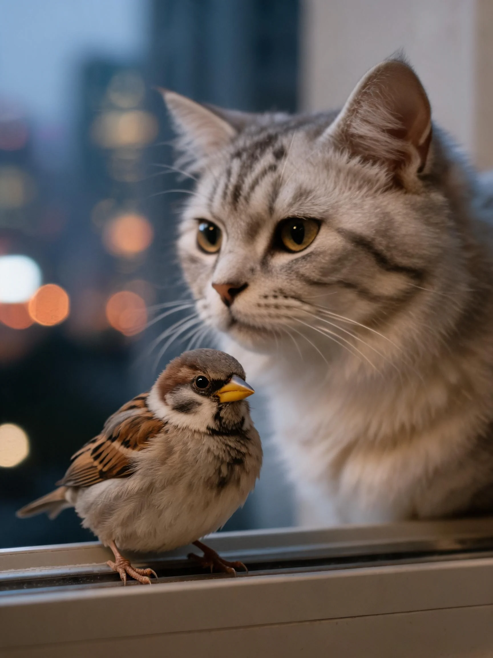 灰虎斑短毛猫目光聚焦在窗台上的麻雀，猫咪银灰色皮毛与麻雀棕褐羽色形成鲜明对比。