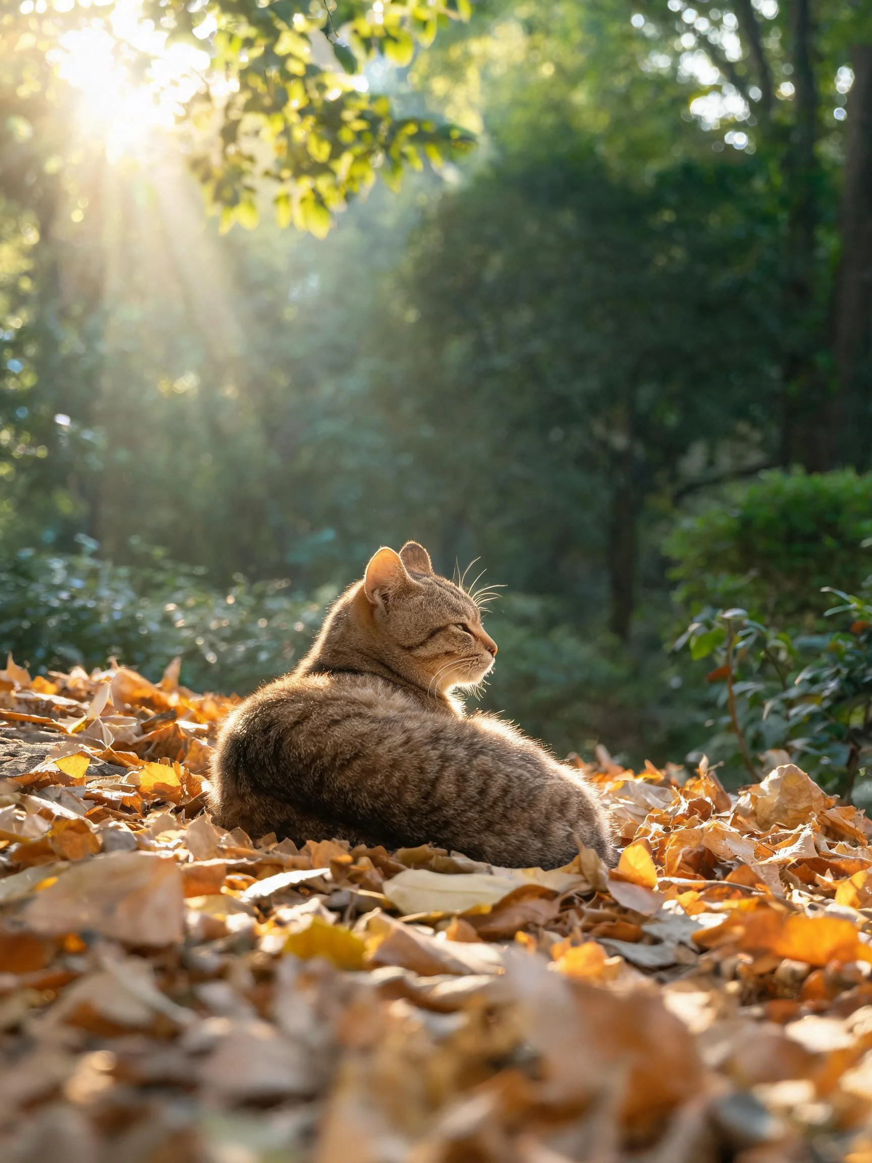 短毛虎斑猫安静地卧在金黄落叶堆中,皮毛柔软蓬松,阳光照射下呈现出清晰的虎斑纹理。