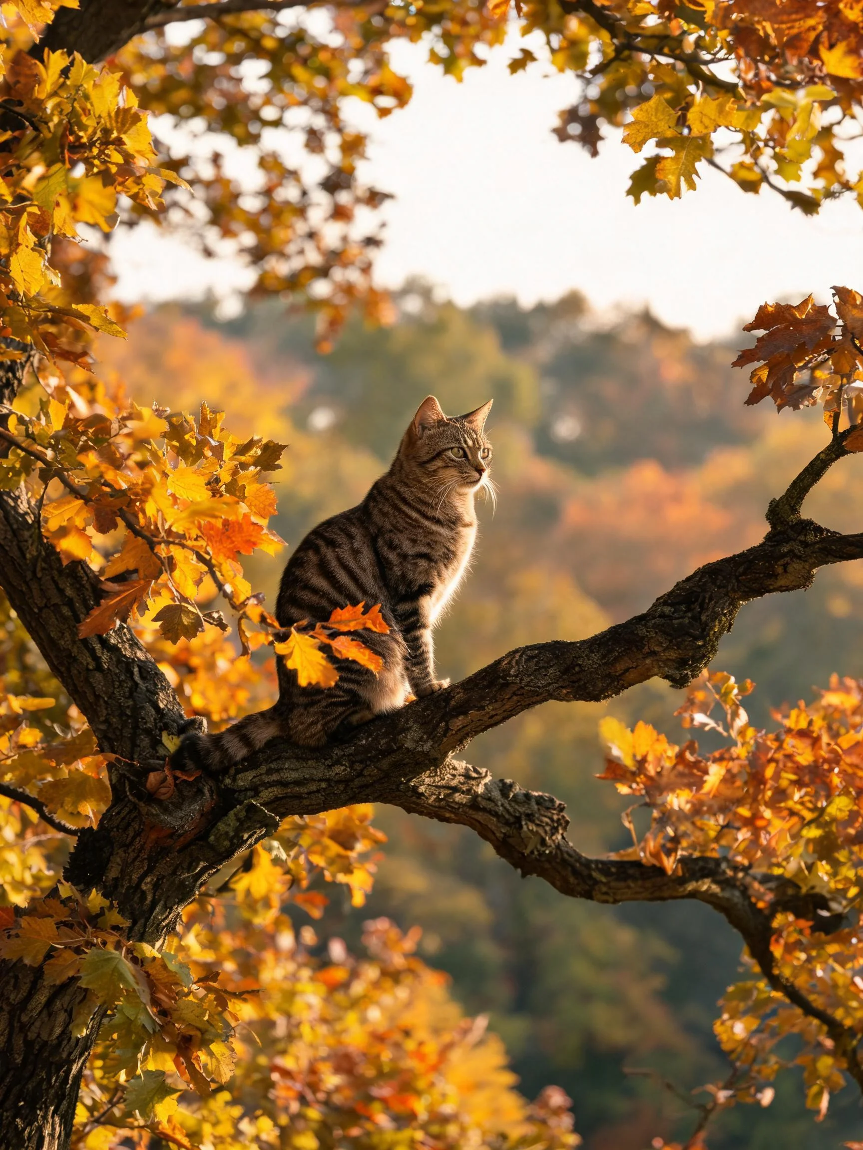 虎斑短毛猫栖息在树枝上，身上清晰的虎斑纹路和竖起的耳朵显示它处于警觉状态。