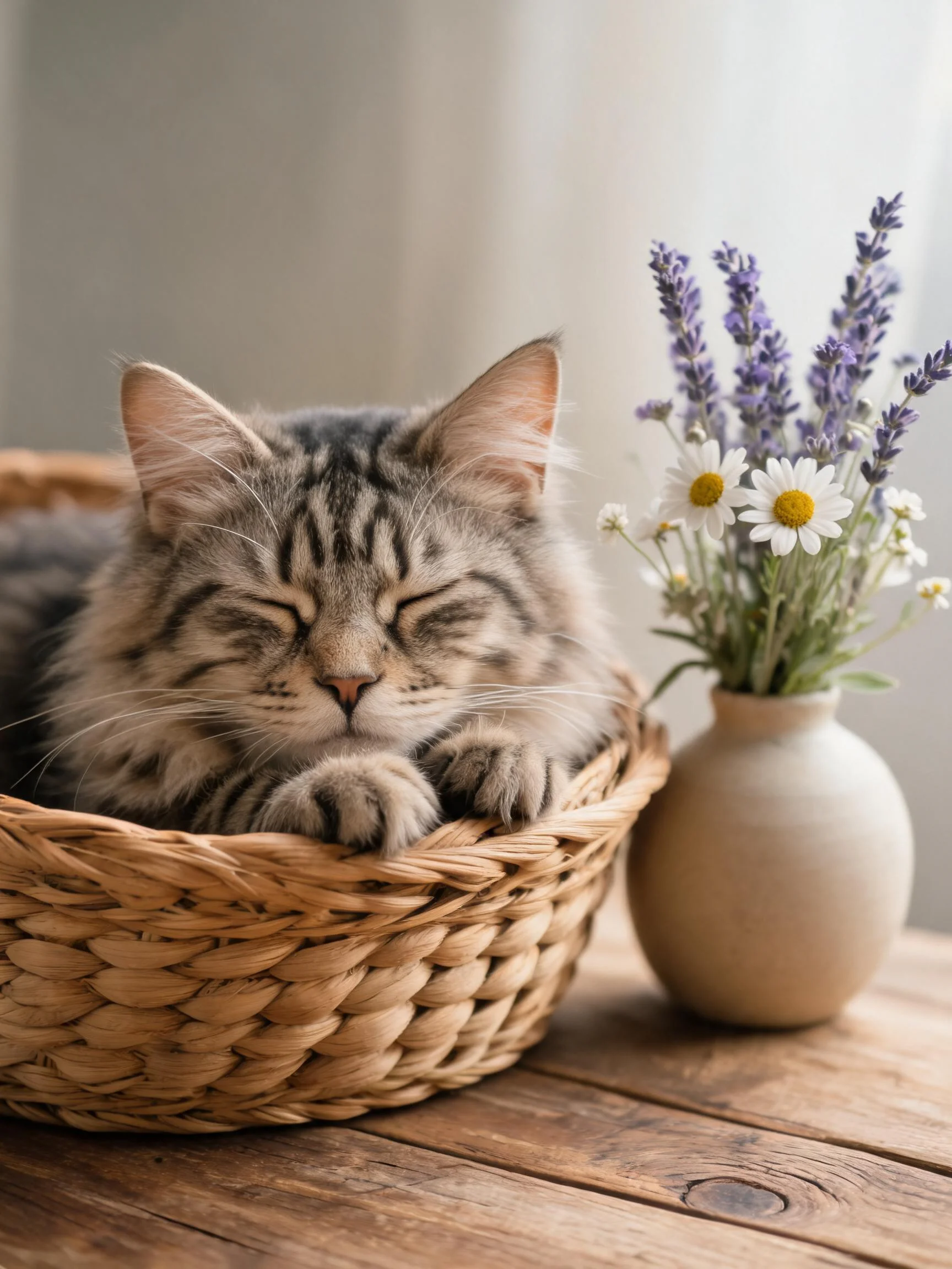 缅因混血长毛猫闭眼沉睡,灰褐条纹皮毛柔软,爪子轻搭在藤编篮筐边缘。