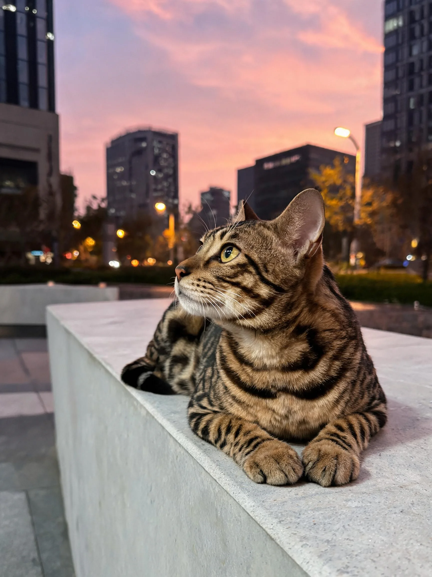 一只孟加拉猫,身上有独特的斑点与条纹花纹,正专注地看向远方,爪子轻搭在混凝土边缘处。