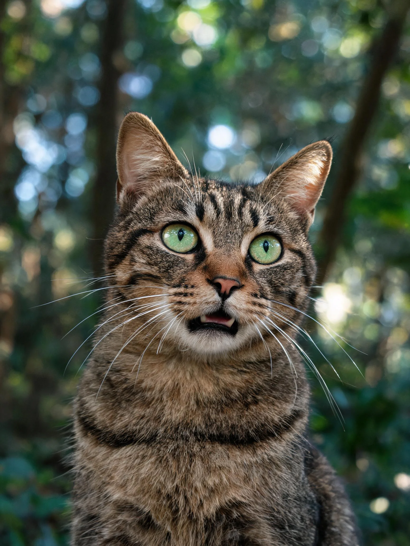 一只短毛虎斑猫,拥有典型虎斑纹理和绿色眼睛,处于户外树林环境中。